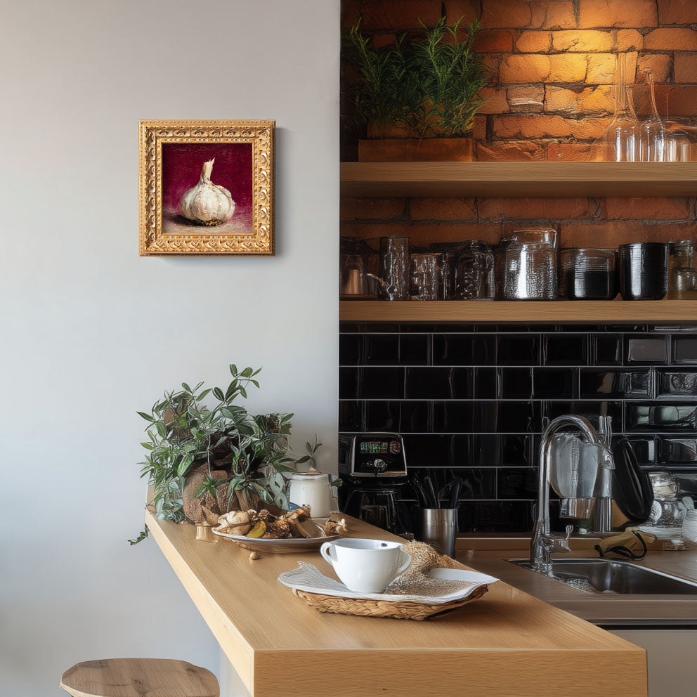 Original Garlic Oil Painting, Hand Painted Food Artwork, Still Life, Small Kitchen Wall Art Decor, Christmas Gift for Friends, Gold Frame