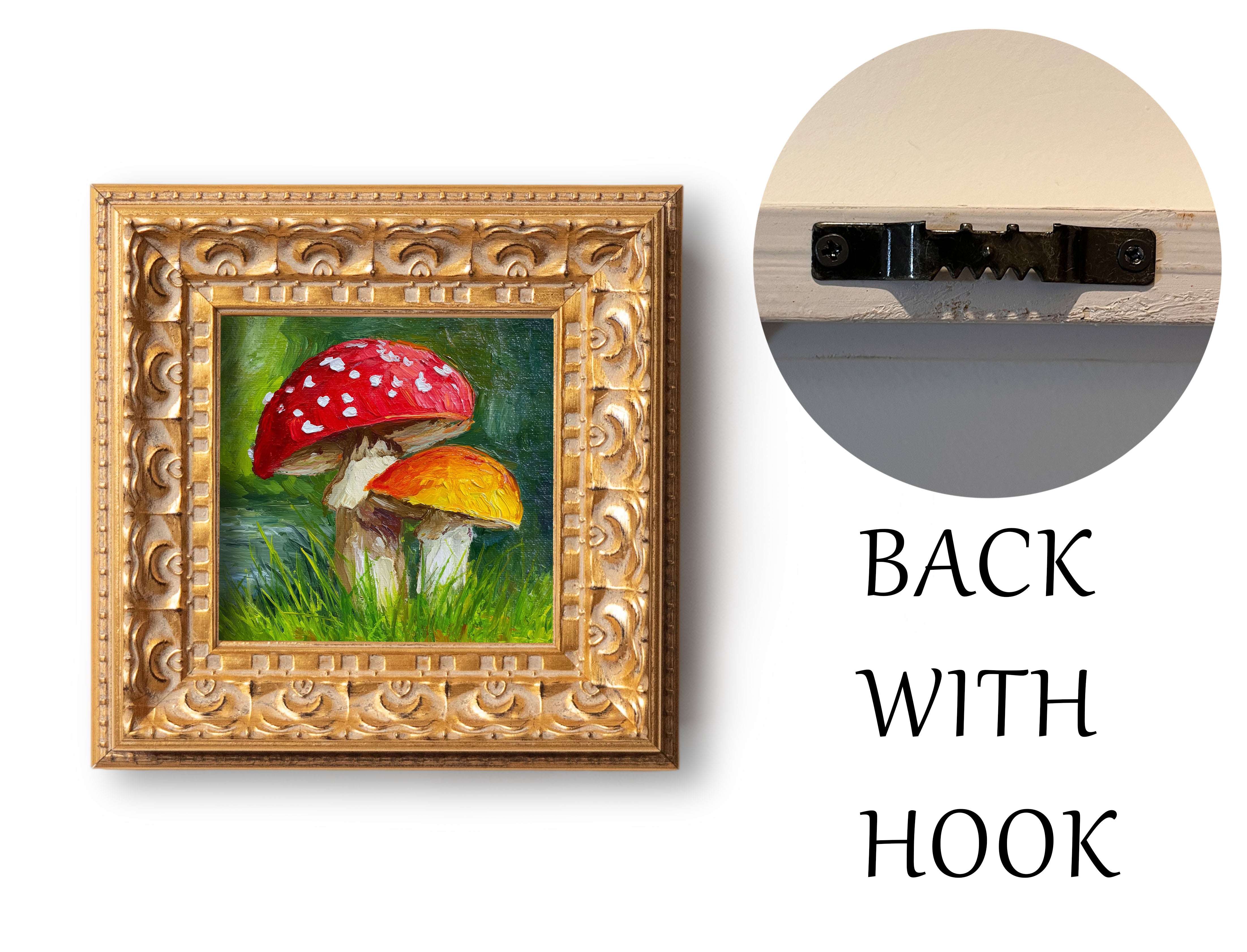 Original Red Mushroom Oil Painting, Whimsical Forest Wall Art, Hand Painted Ornate Gold Frame Home Decor, Quirky Living Room Decoration, Gift For Friends