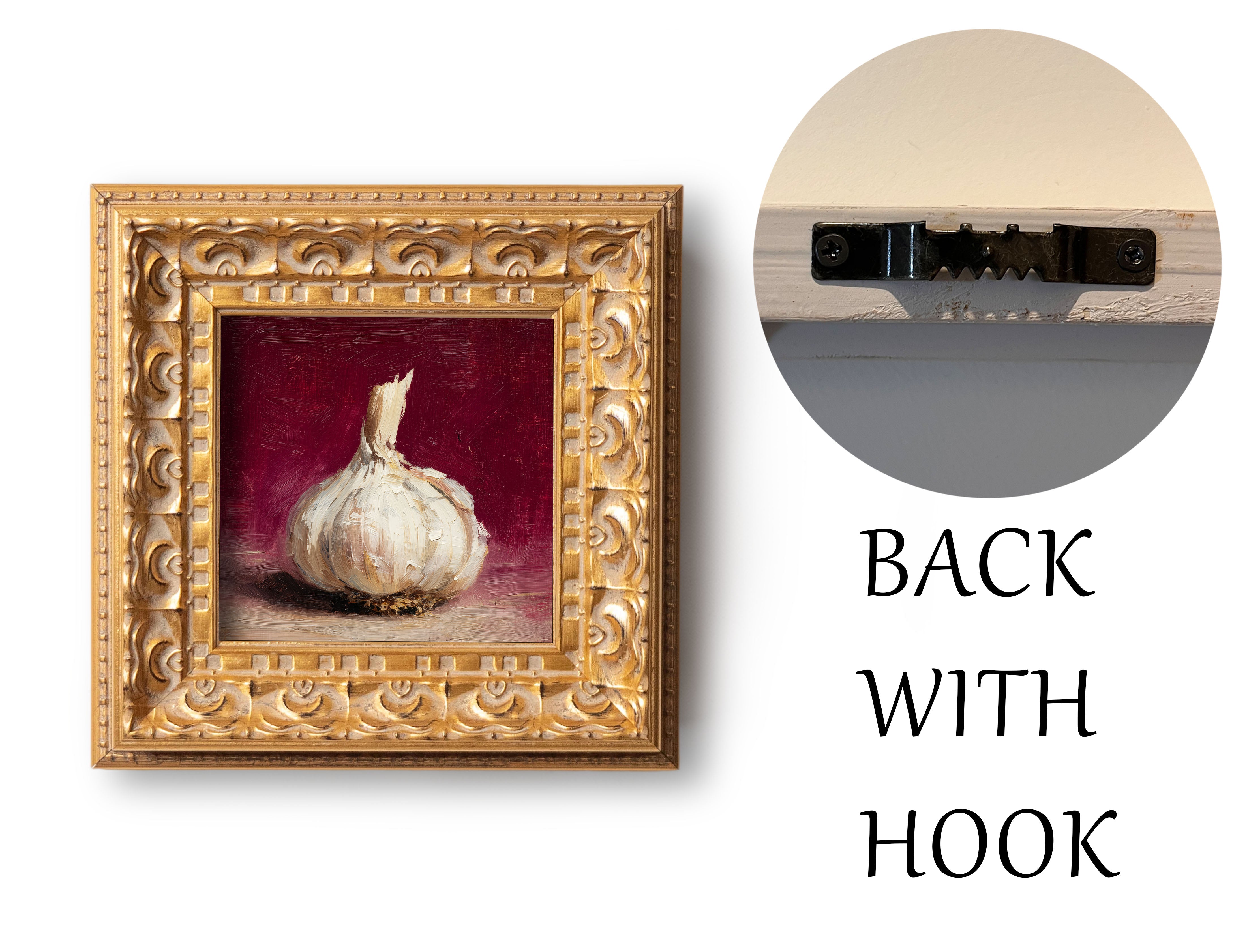 Original Garlic Oil Painting, Hand Painted Food Artwork, Still Life, Small Kitchen Wall Art Decor, Christmas Gift for Friends, Gold Frame