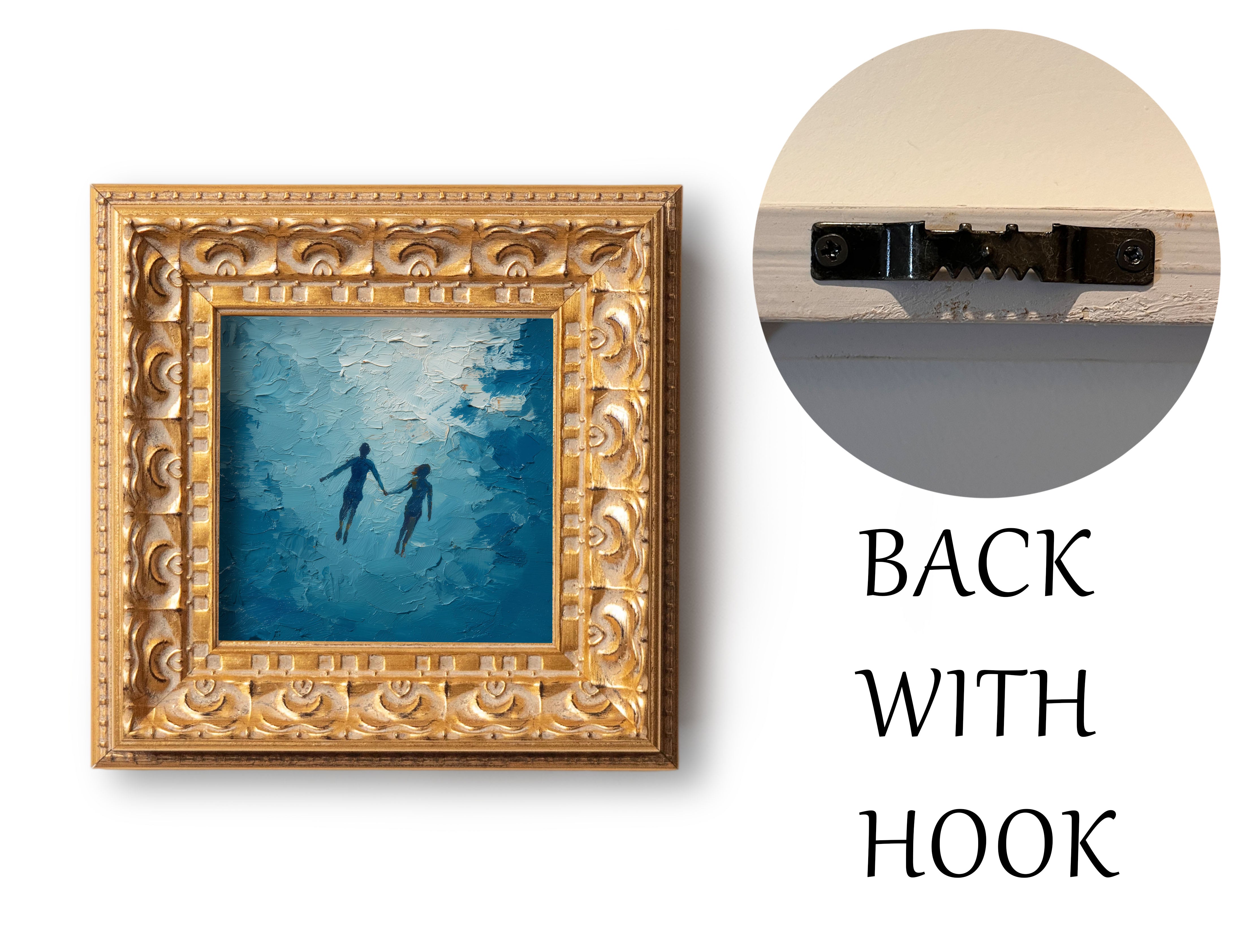 Original Hand Painted Figure, Mini Oil Painting, Romantic Couple Wall Art Decor, Small 5x5 Gold Framed, Valentine Gift, Swimming Couple