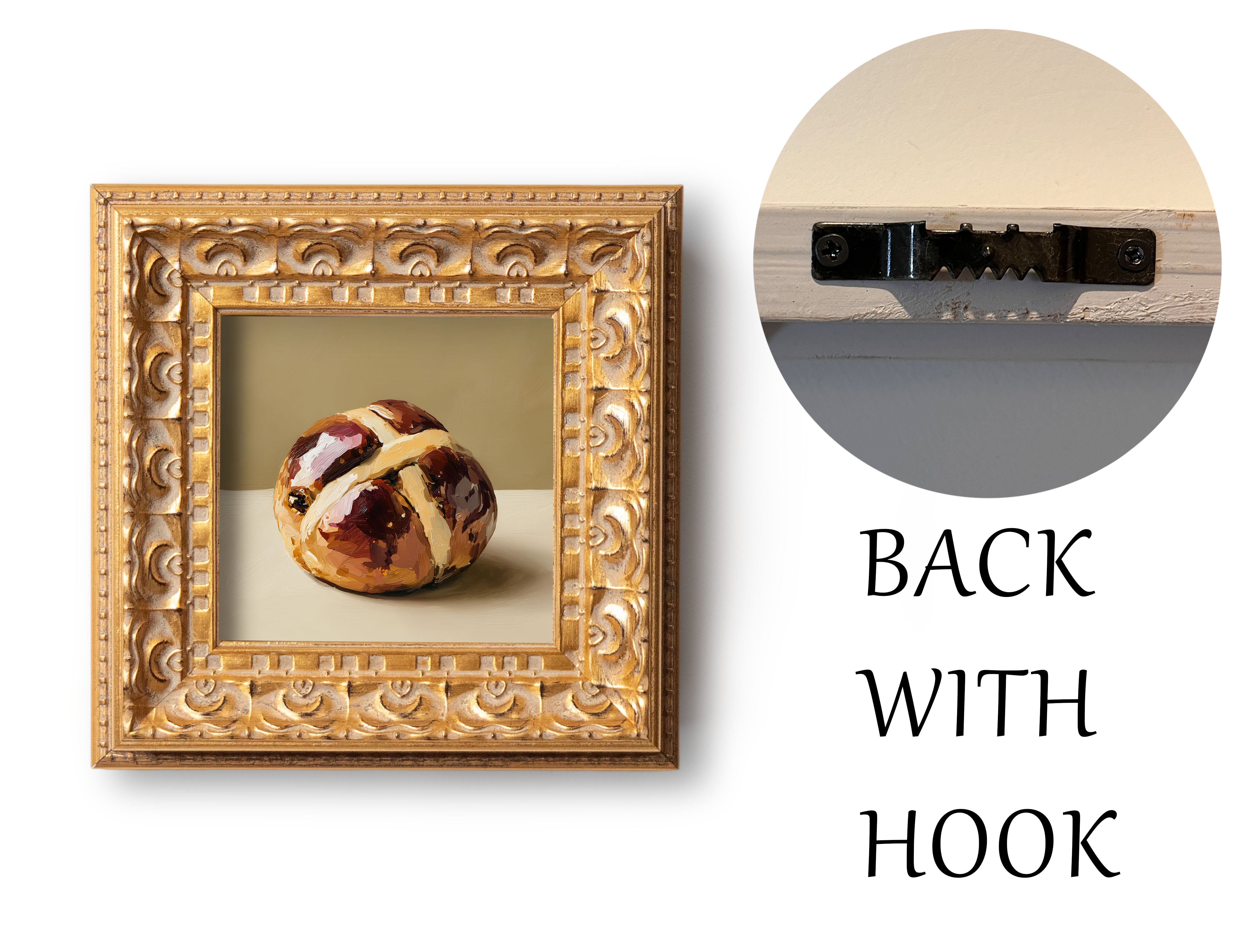 Original Hot Cross Bun Oil Painting, Rustic Kitchen Wall Art, Hand Painted Ornate Gold Frame Home Decor, Warm Dining Room Decoration, Gift For Friends