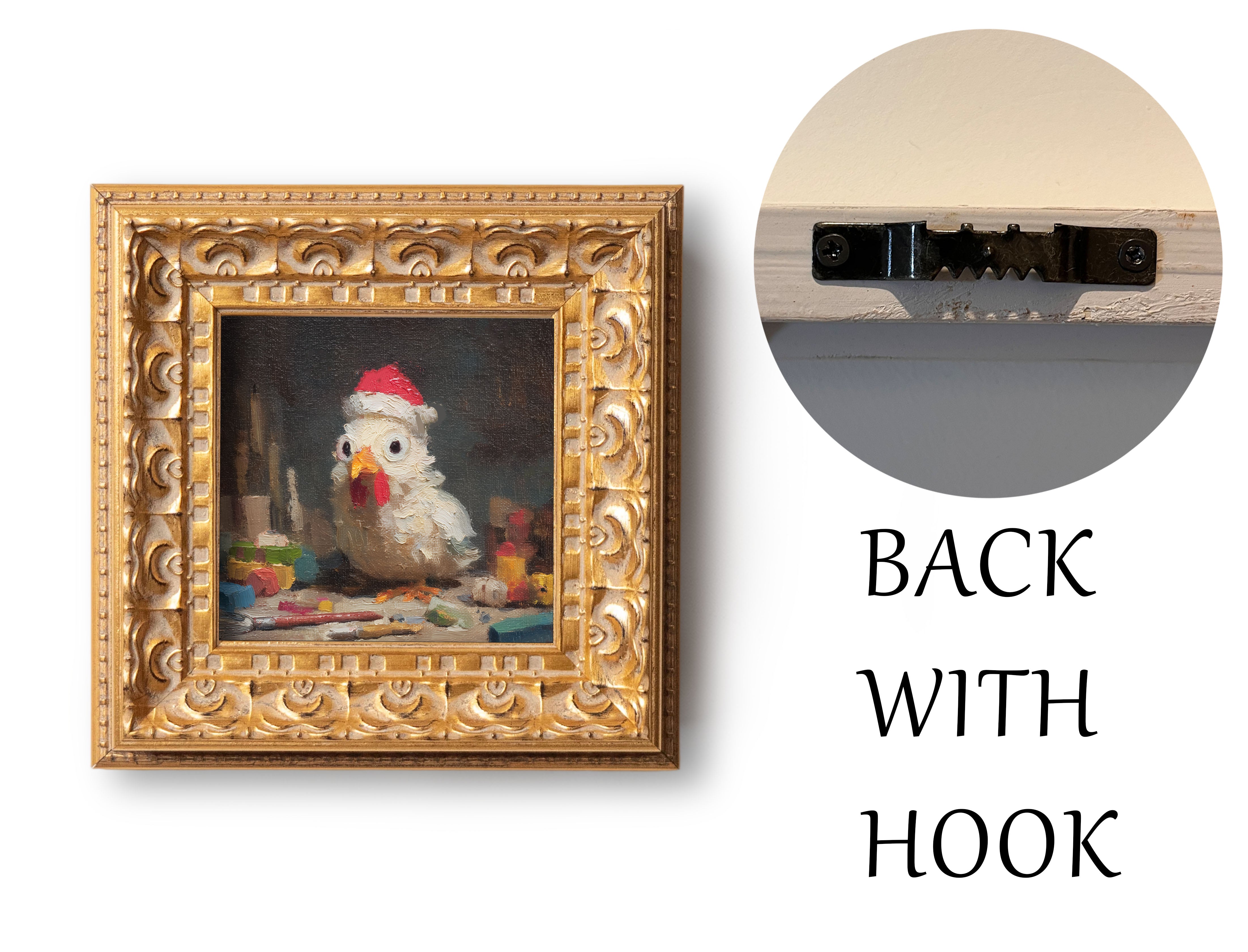100% Hand Painted Santa Chicken Oil Painting, Original Art, Living Room Wall Art Decor, 5X5 Gold Framed Artwork, Christmas Gift for Friends