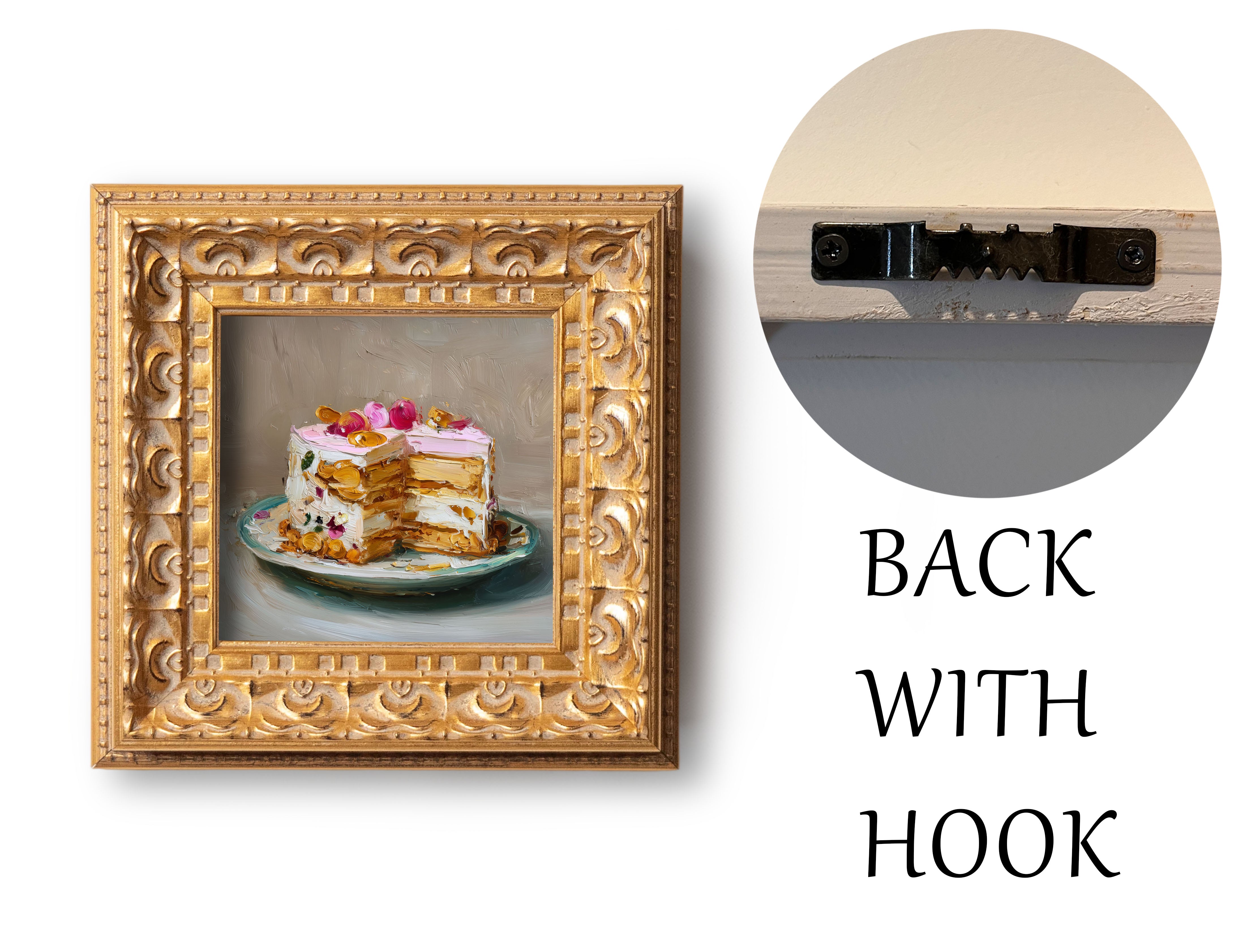 Original Rose Petal Cake Oil Painting, Elegant Kitchen Wall Art, Hand Painted Ornate Gold Frame Home Decor, Charming Dining Room Decoration, Gift For Friends