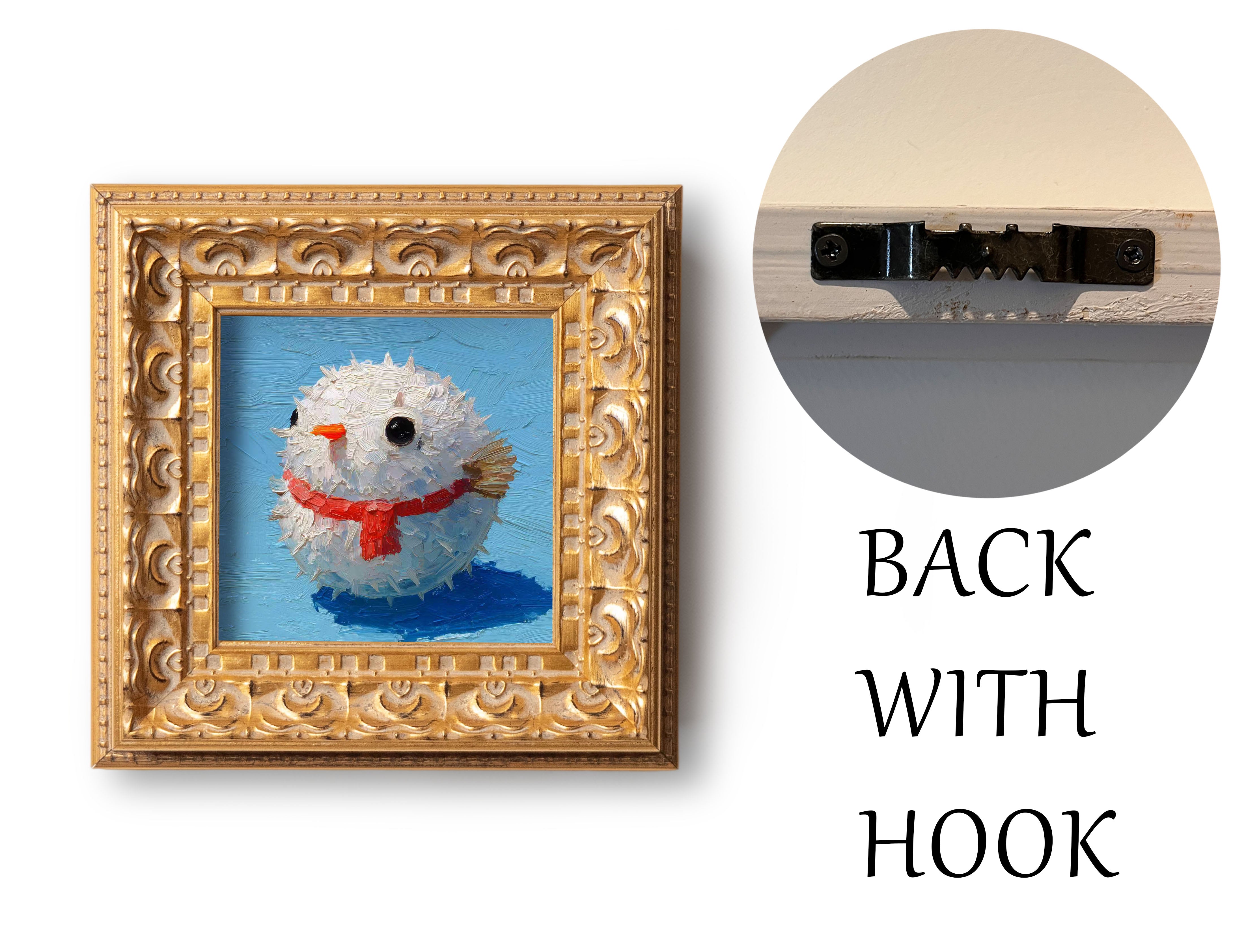 Small Pufferfish Oil Painting, Original Hand Painted Artwork, Holiday Wall Art Decor, 5X5 Gold Framed Art, Christmas Gift for Friends