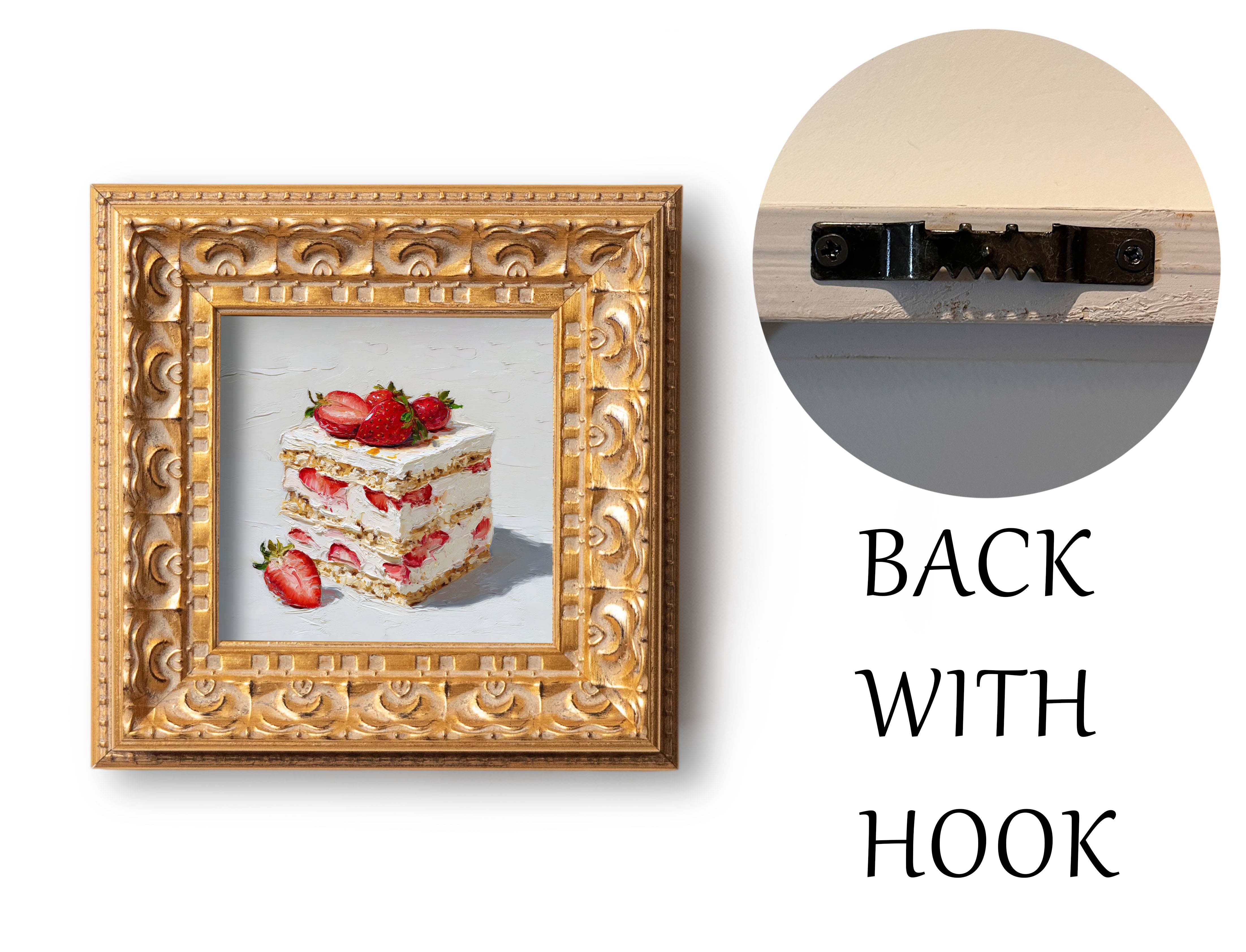 Original Strawberry Cake Oil Painting, Bright Kitchen Wall Art, Hand Painted Ornate Gold Frame Home Decor, Vibrant Dining Room Decoration, Gift For Friends