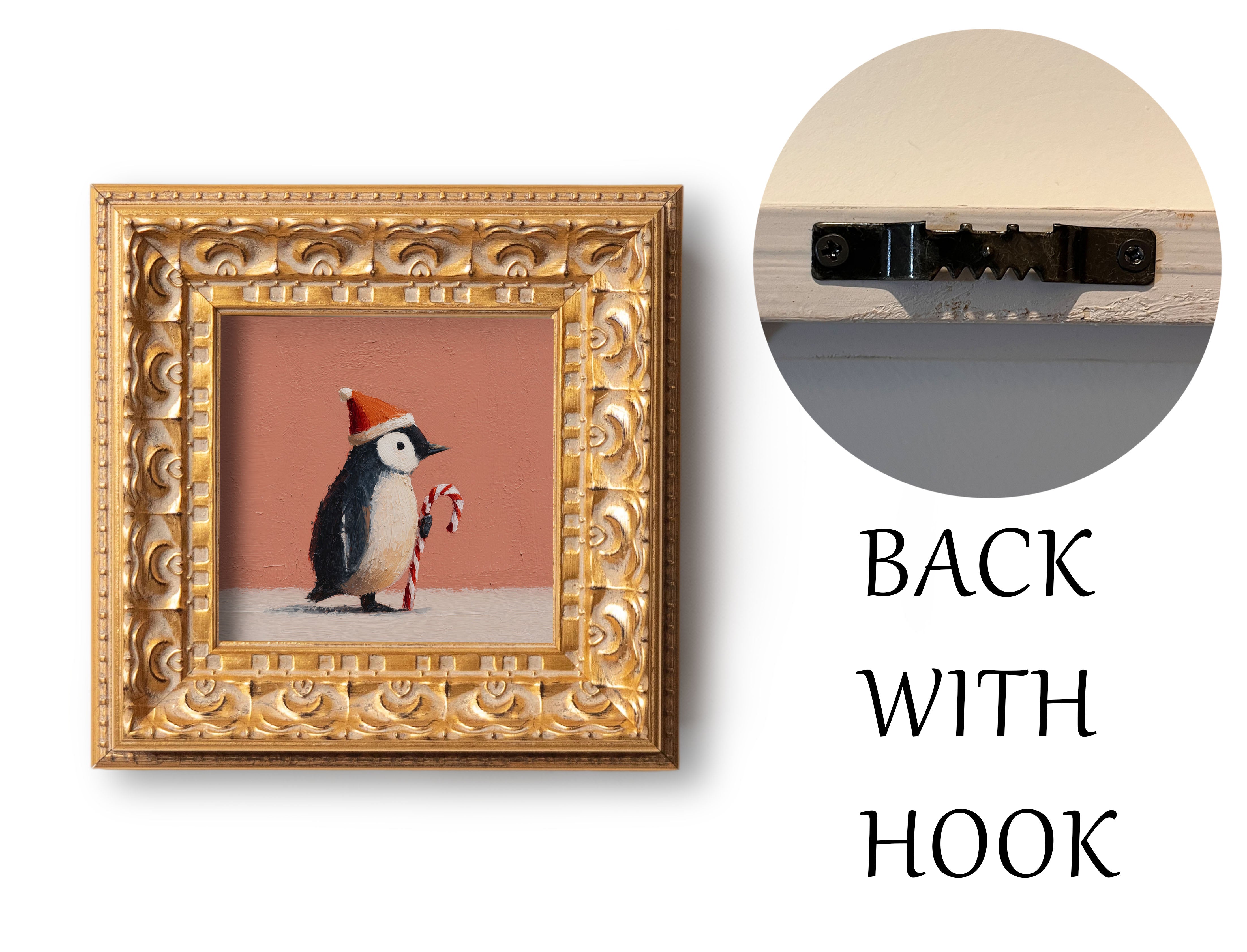 Christmas Penguin Mini Painting, Original Oil Art, Holiday Decor, Cute Penguin with Candy Cane, Small Framed Christmas Art