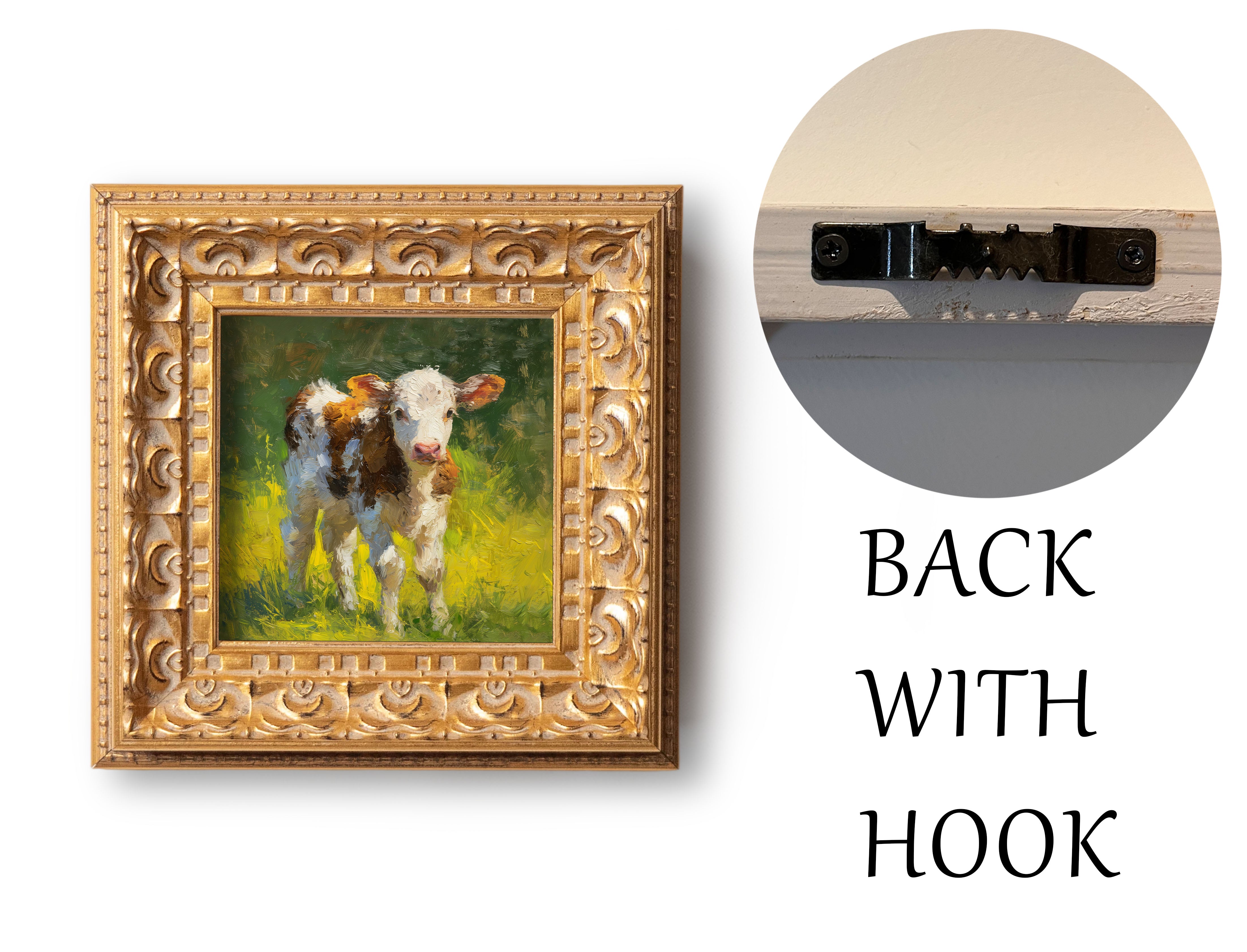 Hand Panted Calf Oil Painting, Small Original Art, Rustic Wall Art Decor, 5X5 Gold Framed Artwork, Still life Wildlife, Gift for friends