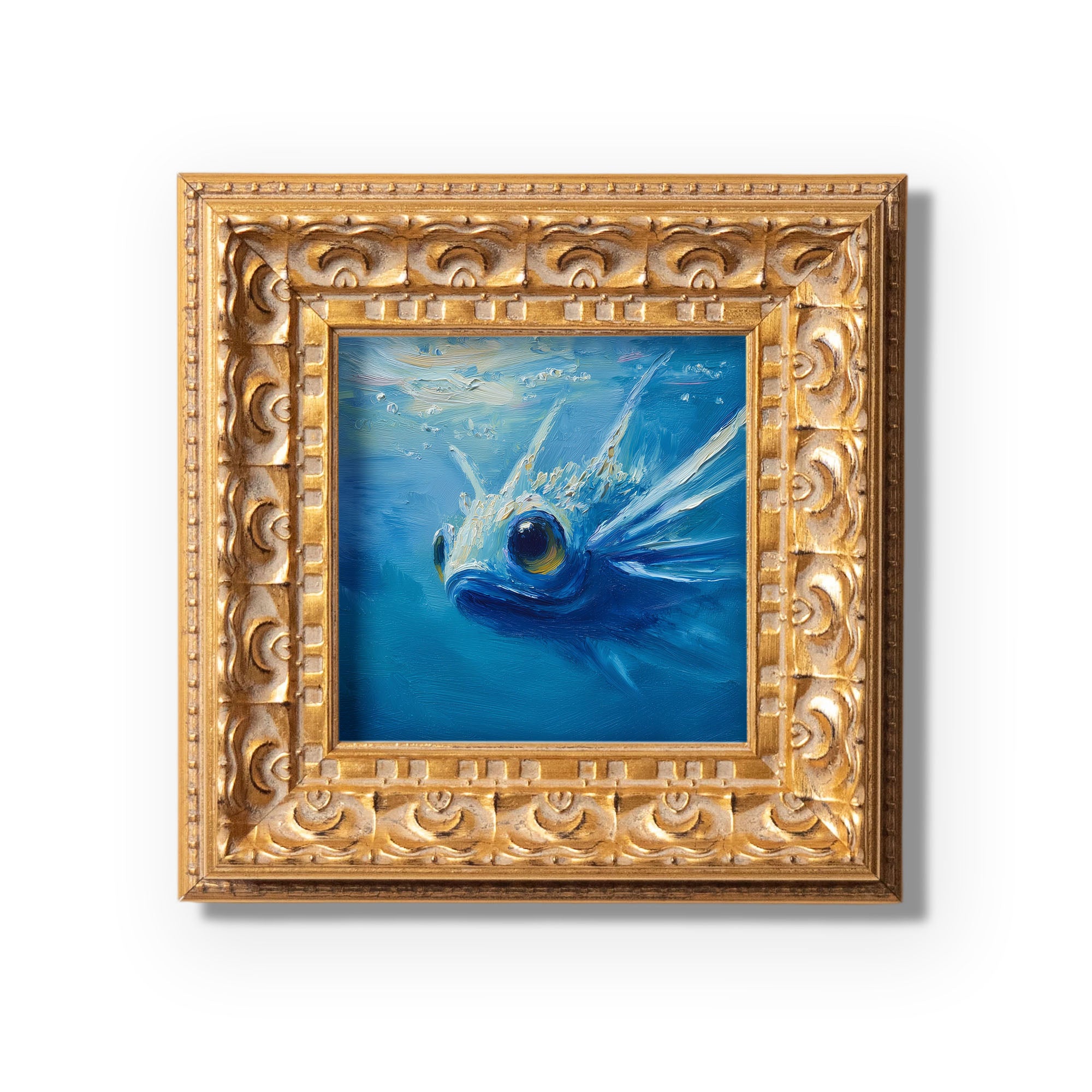 Original Blue Fish Oil Painting, Vibrant Underwater Wall Art, Hand Painted Ornate Gold Frame Home Decor, Stylish Living Room Decoration, Gift For Friends
