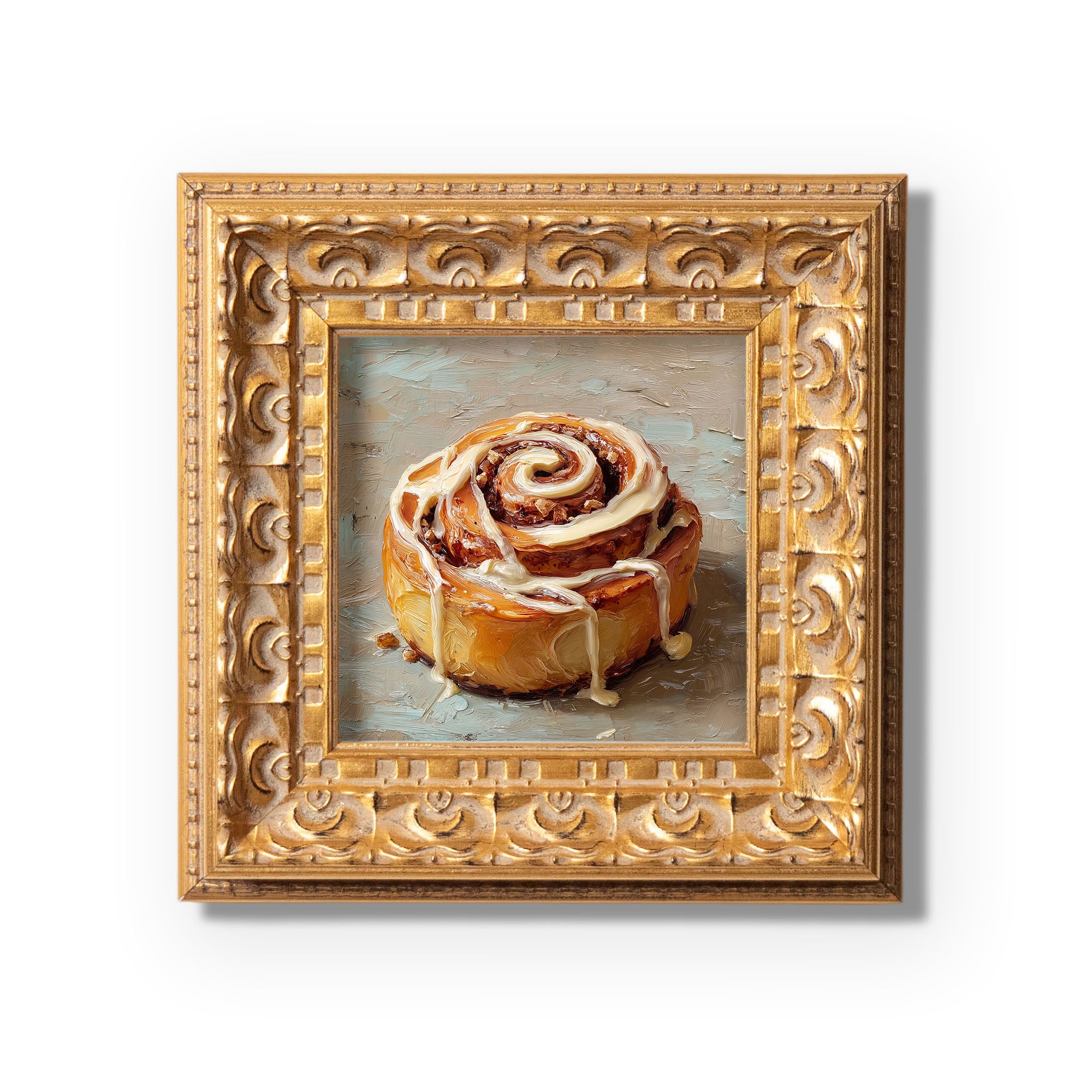 Original Cinnamon Roll Oil Painting, Warm Kitchen Wall Art, Hand Painted Ornate Gold Frame Home Decor, Charming Dining Room Decoration, Gift For Friends