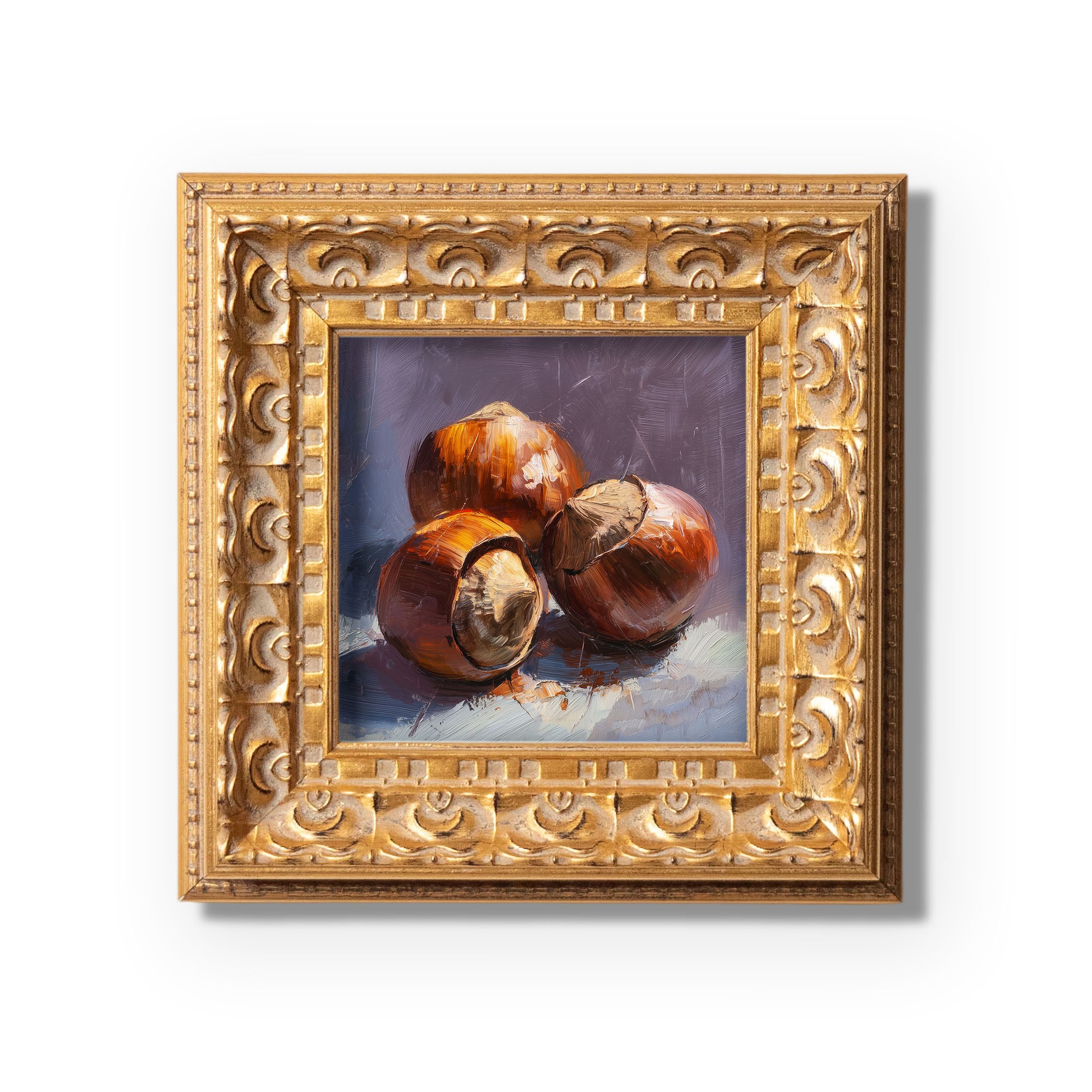 Roasted Chestnuts Still Life, Original Oil Painting, Food Art, Impasto Autumn Wall Decor, Small Framed Artwork