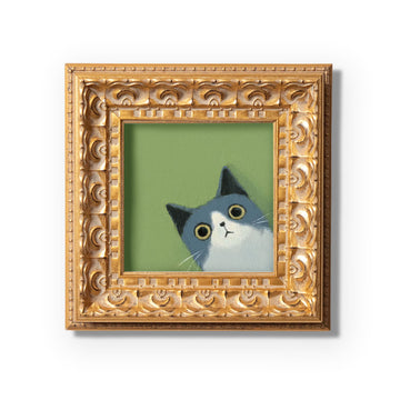 Blue and White Cat Painting, Cute Kitten Art, Flat Style Animal Portrait, Whimsical Cat Wall Decor, Small Framed Art
