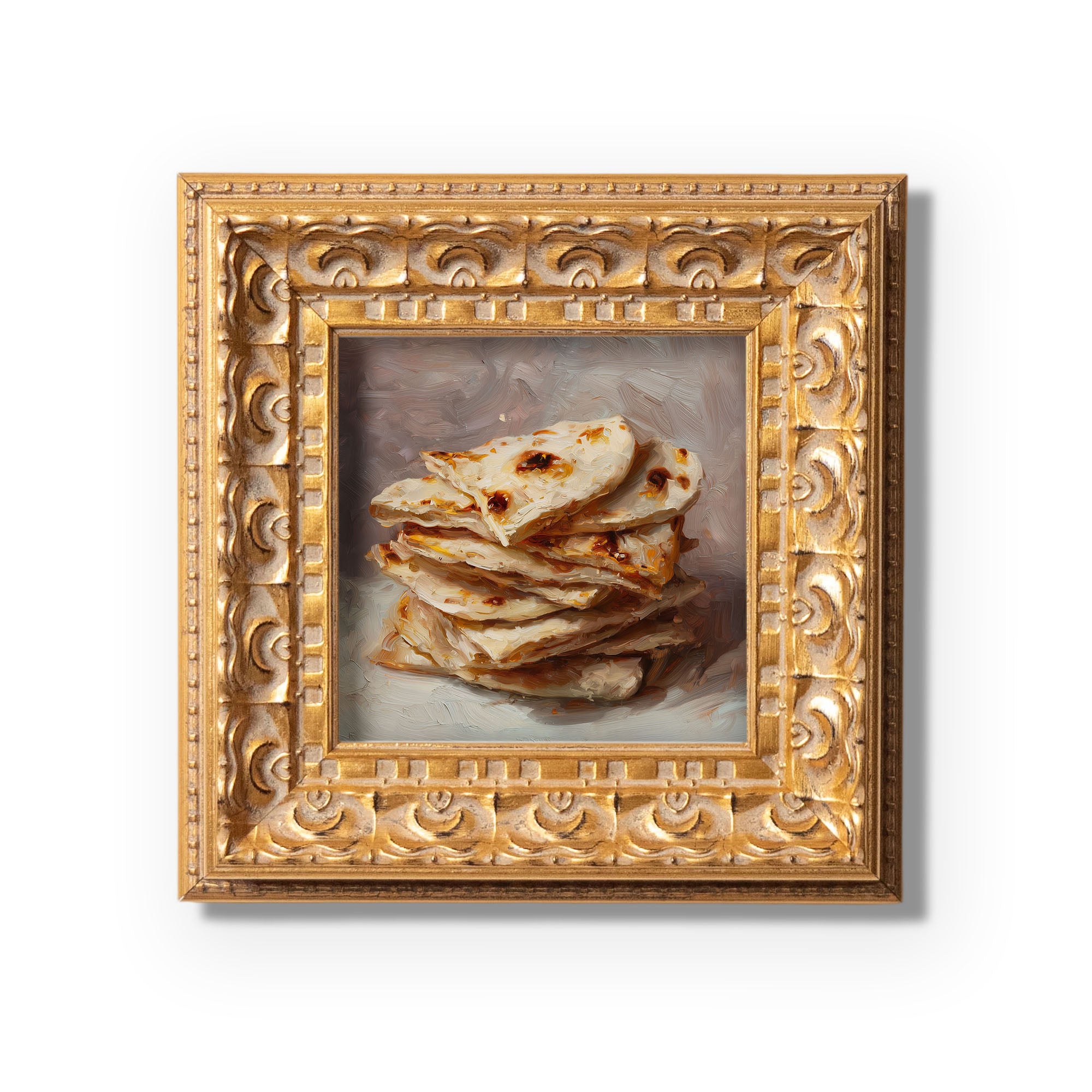 Original Indian Flatbread Oil Painting, Rustic Kitchen Wall Art, Hand Painted Ornate Gold Frame Home Decor, Cozy Dining Room Decoration, Gift For Friends