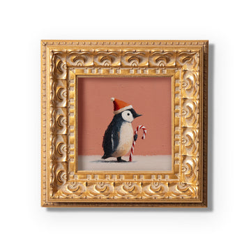 Christmas Penguin Mini Painting, Original Oil Art, Holiday Decor, Cute Penguin with Candy Cane, Small Framed Christmas Art