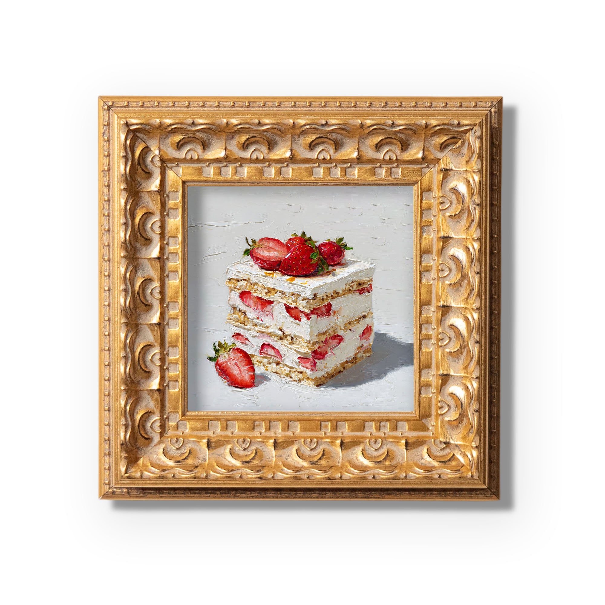 Original Strawberry Cake Oil Painting, Bright Kitchen Wall Art, Hand Painted Ornate Gold Frame Home Decor, Vibrant Dining Room Decoration, Gift For Friends