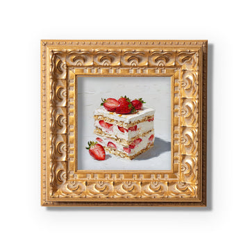 Original Strawberry Cake Oil Painting, Bright Kitchen Wall Art, Hand Painted Ornate Gold Frame Home Decor, Vibrant Dining Room Decoration, Gift For Friends