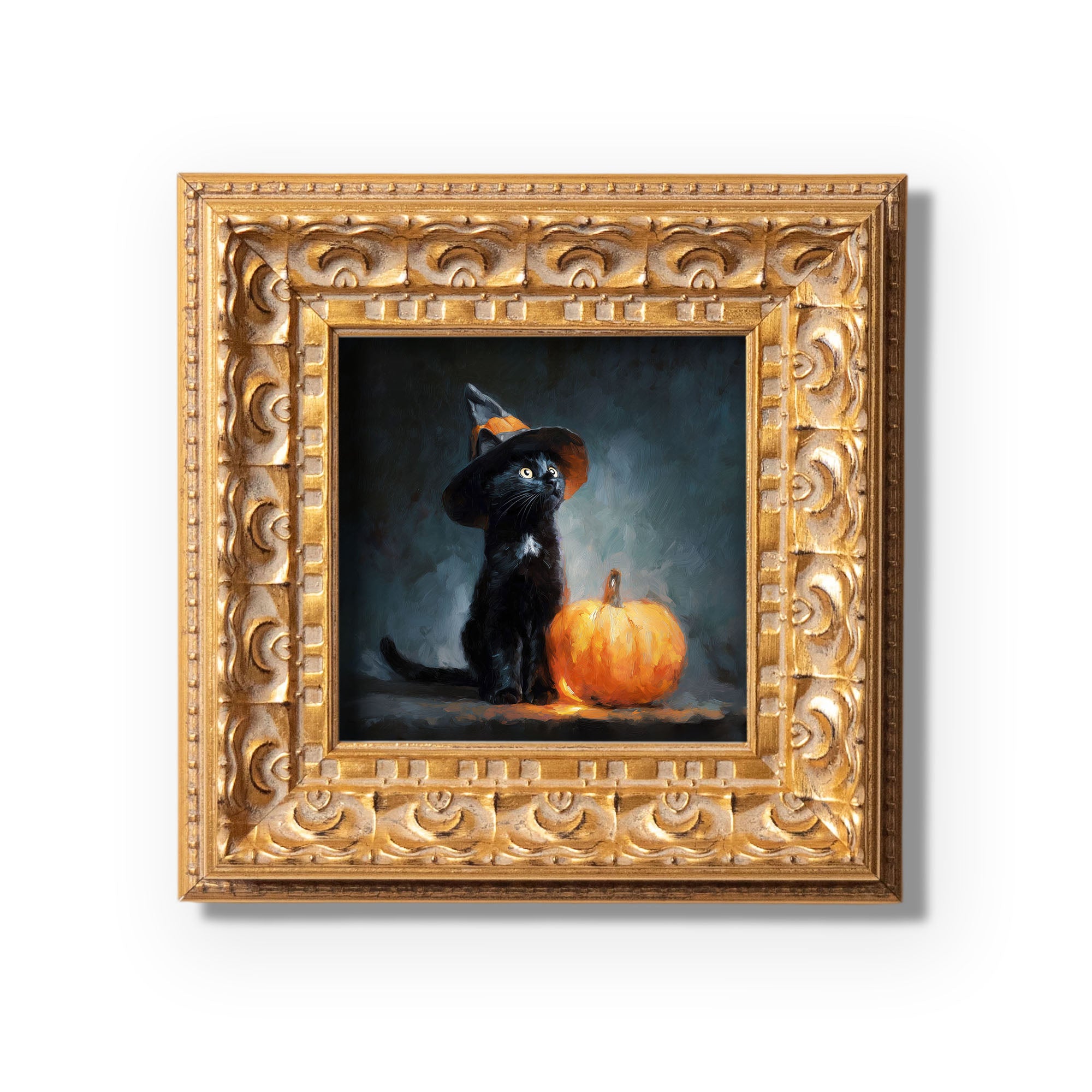 Original Halloween Black Cat Oil Painting, Spooky Seasonal Wall Art, Hand Painted Ornate Gold Frame Home Decor, Festive Living Room Decoration, Gift For Friends