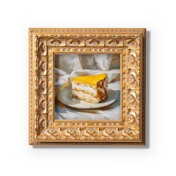Original Mango Mousse Cake Oil Painting, Bright Kitchen Wall Art, Hand Painted Ornate Gold Frame Home Decor, Vibrant Dining Room Decoration, Gift For Friends
