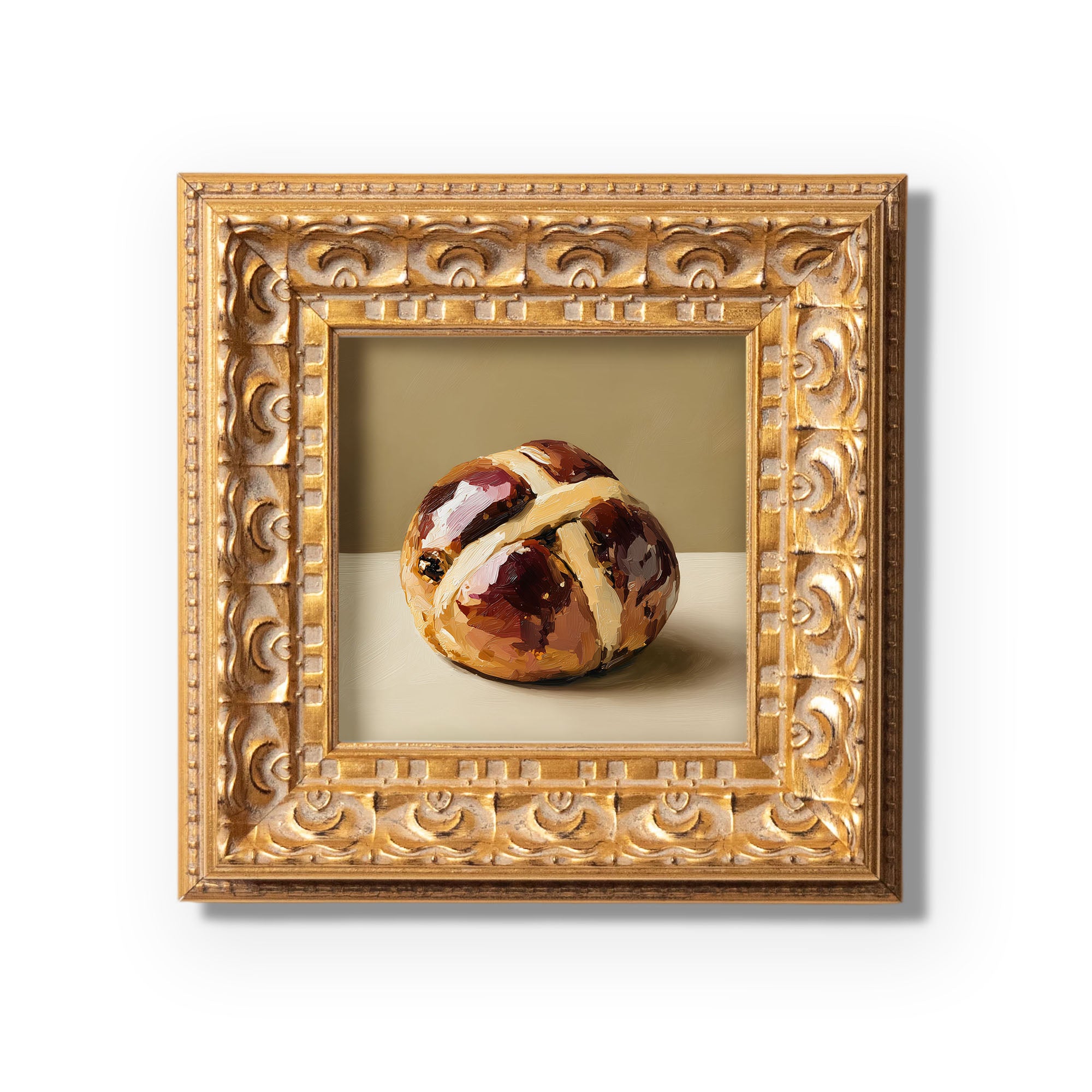 Original Hot Cross Bun Oil Painting, Rustic Kitchen Wall Art, Hand Painted Ornate Gold Frame Home Decor, Warm Dining Room Decoration, Gift For Friends