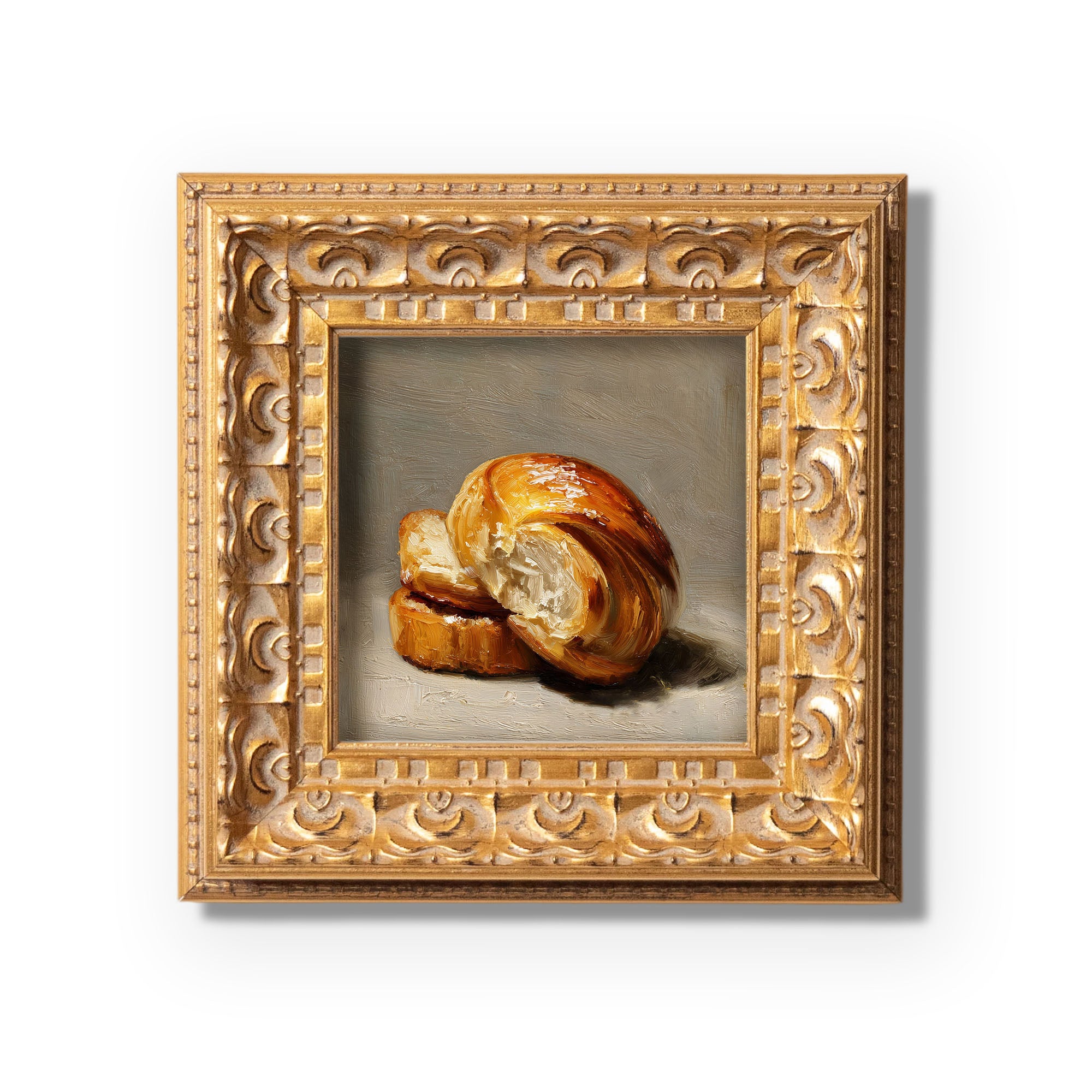 Original Croissant Oil Painting, Elegant Kitchen Wall Art, Hand Painted Ornate Gold Frame Home Decor, Stylish Dining Room Decoration, Gift For Friends