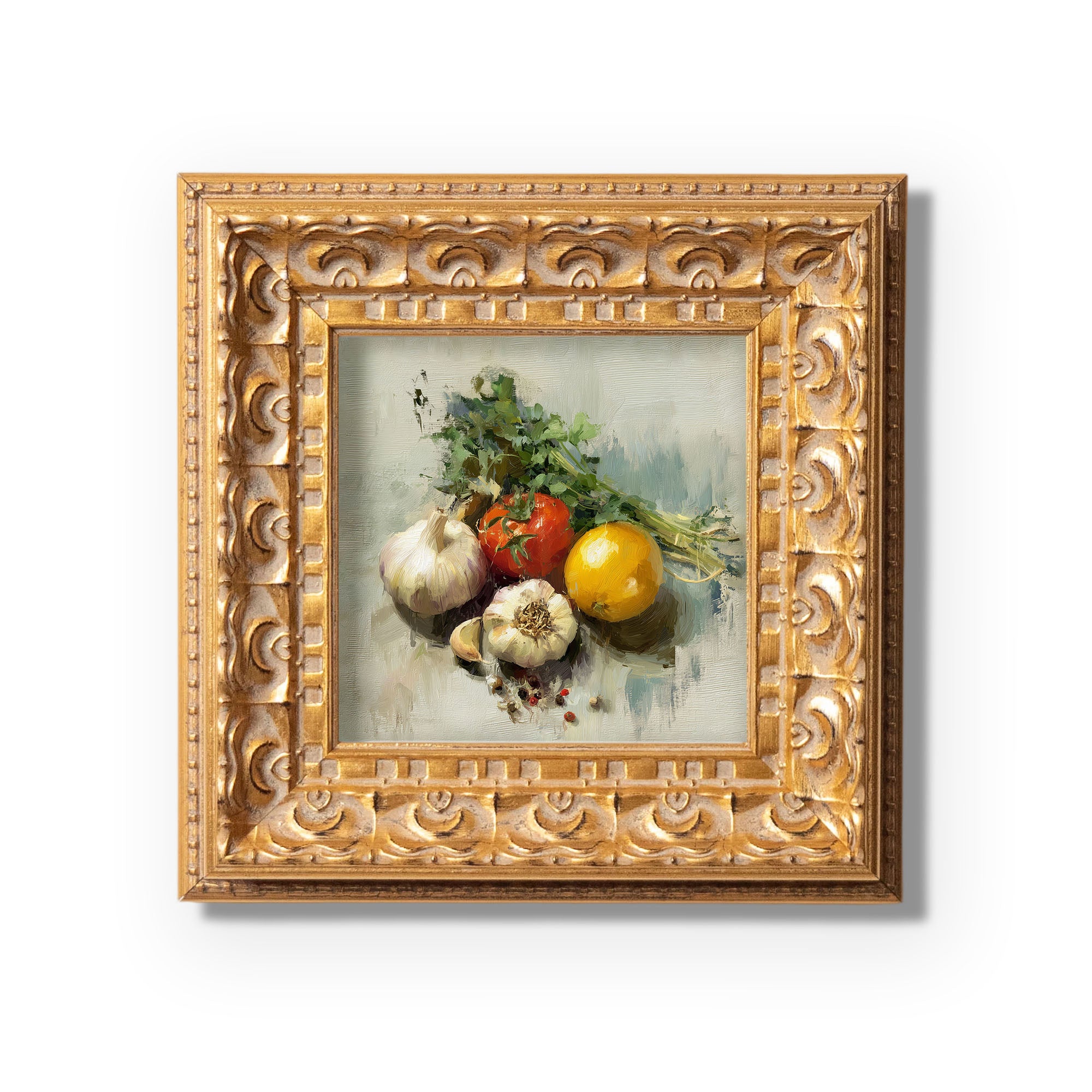Original Vegetable Still Life Oil Painting, Rustic Kitchen Wall Art, Hand Painted Ornate Gold Frame Home Decor, Warm Dining Room Decoration, Gift For Friends