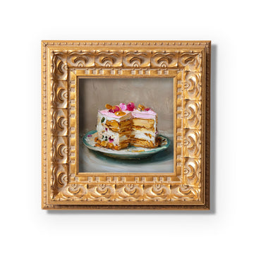 Original Rose Petal Cake Oil Painting, Elegant Kitchen Wall Art, Hand Painted Ornate Gold Frame Home Decor, Charming Dining Room Decoration, Gift For Friends