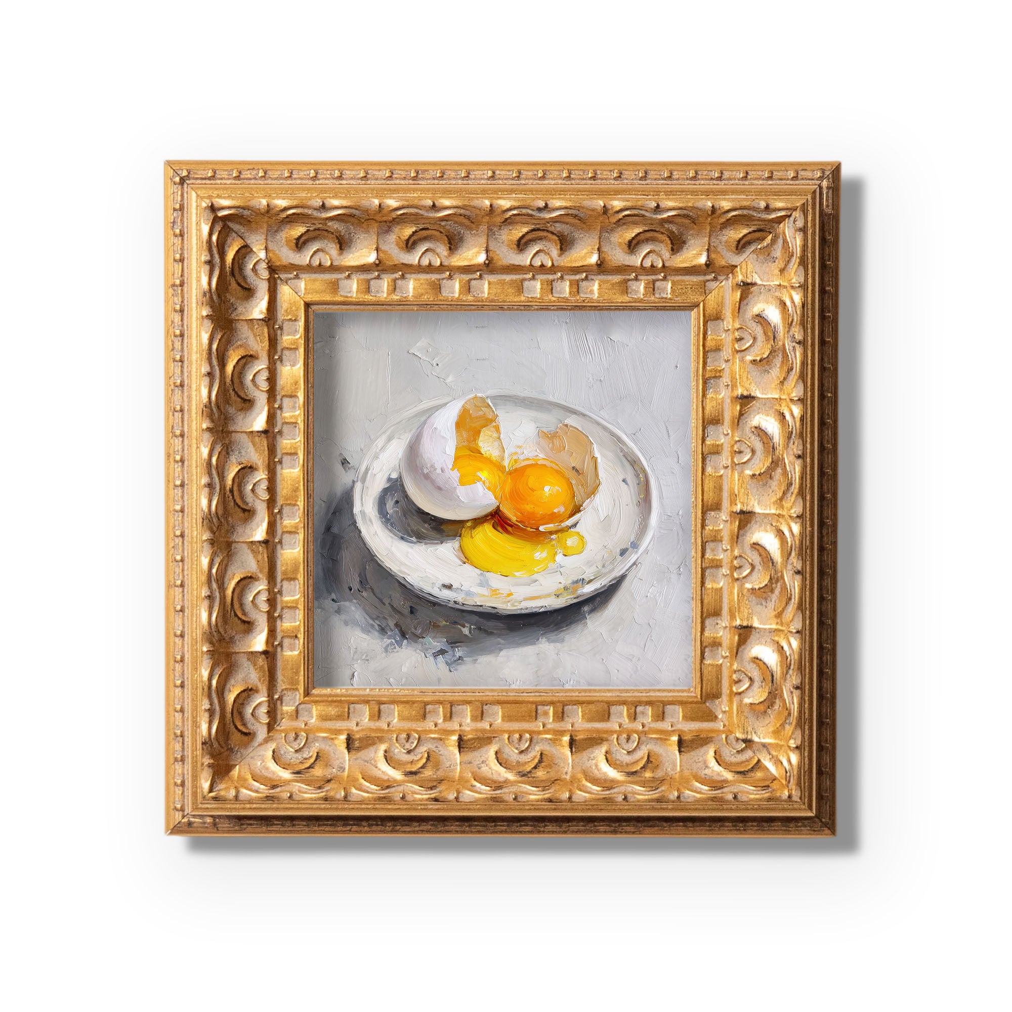 Eggs Still Life Oil Painting, Double Yolk Egg Art, Kitchen Wall Decor, Original Impasto Food Painting, Small Framed Art