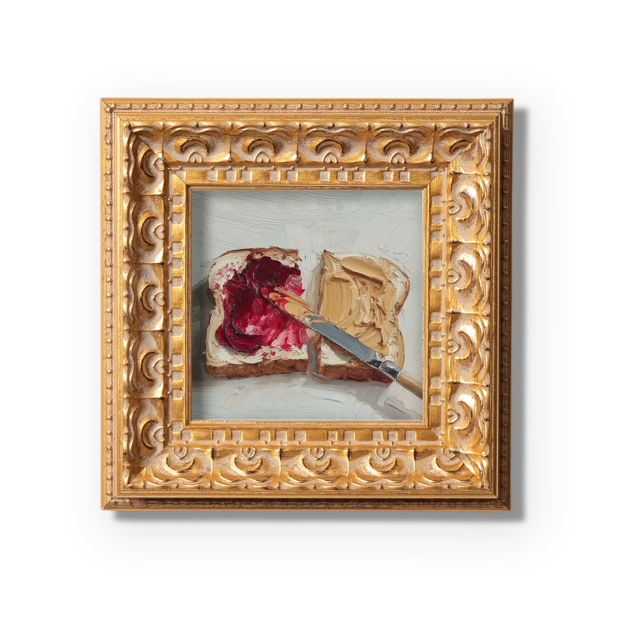 Original Peanut Butter & Jam Toast Oil Painting, Cozy Kitchen Wall Art, Hand Painted Ornate Gold Frame Home Decor, Charming Dining Room Decoration, Gift For Friends