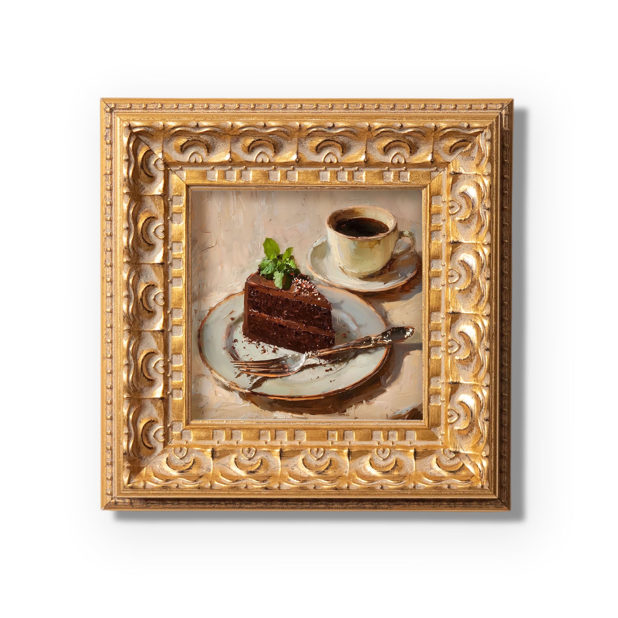 Original Chocolate Cake With Coffee Oil Painting, Rich Kitchen Wall Art, Hand Painted Ornate Gold Frame Home Decor, Stylish Dining Room Decoration, Gift For Friends