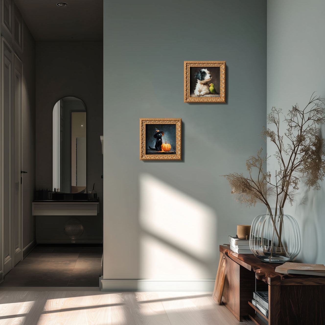 Original Halloween Black Cat Oil Painting, Spooky Seasonal Wall Art, Hand Painted Ornate Gold Frame Home Decor, Festive Living Room Decoration, Gift For Friends