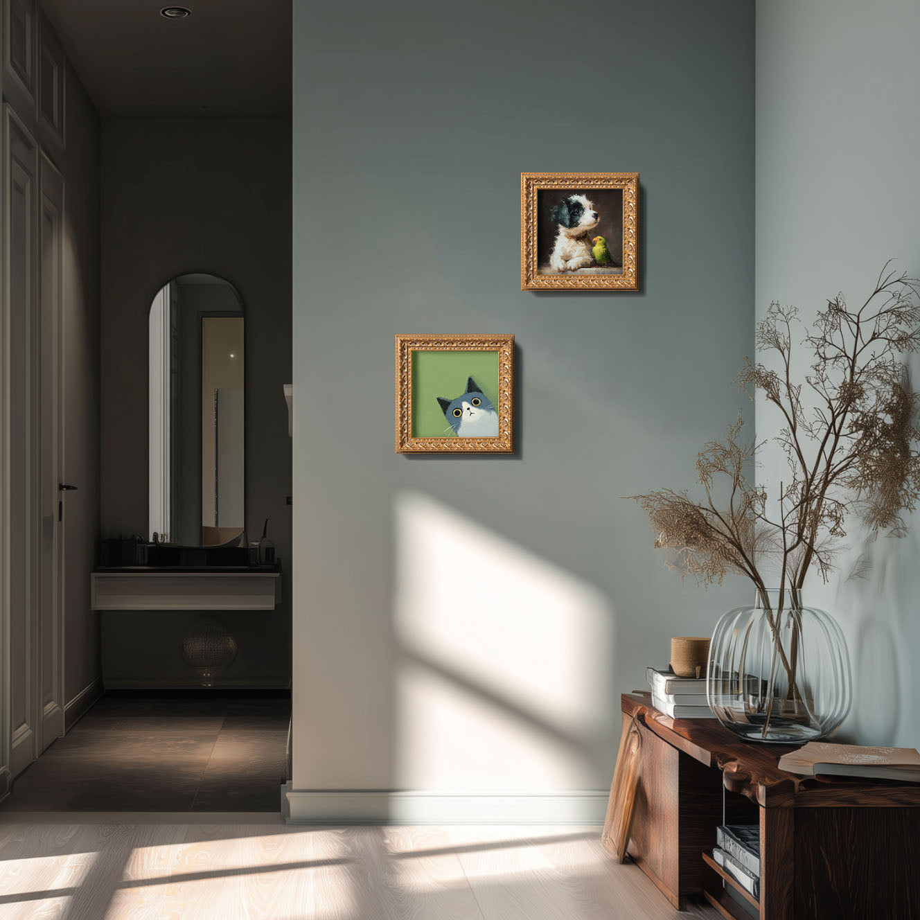 Blue and White Cat Painting, Cute Kitten Art, Flat Style Animal Portrait, Whimsical Cat Wall Decor, Small Framed Art