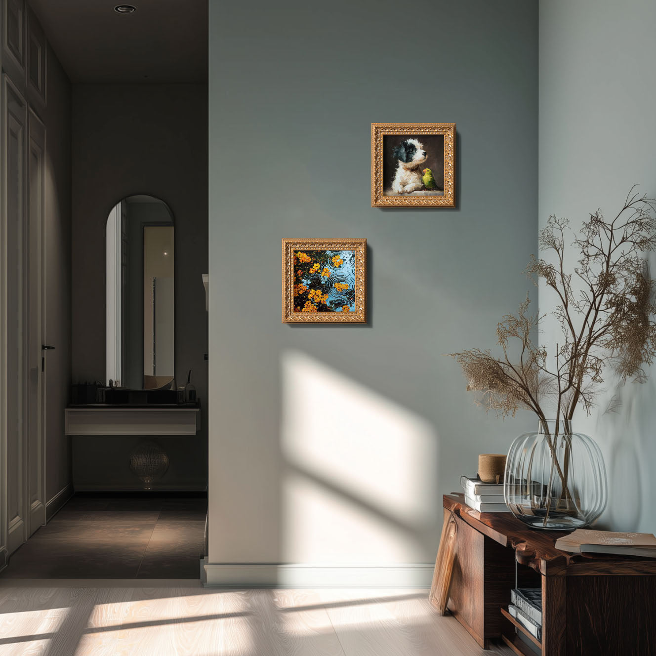 Small Oil Painting, Original Hand Painted, Nature Wall Art, 5X5 Vintage Winter Decor, Christmas Gift for Friends, Water Flowers with Ripple