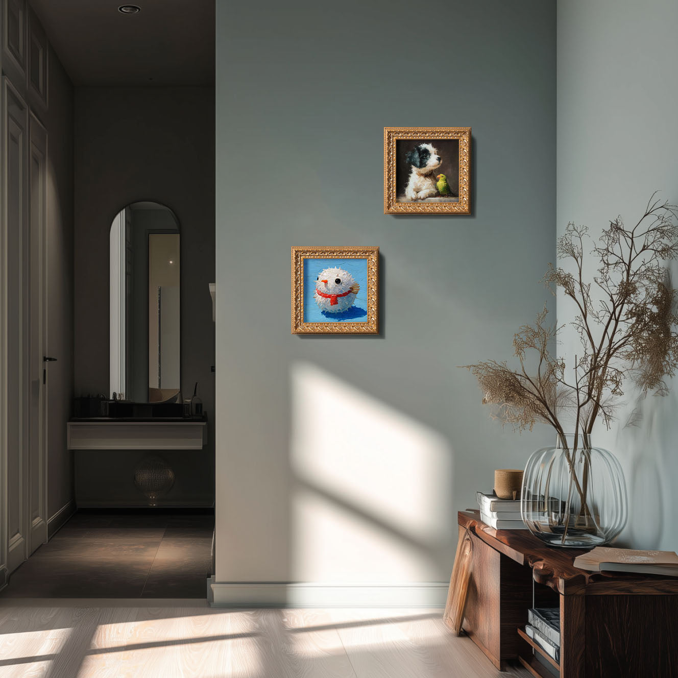 Small Pufferfish Oil Painting, Original Hand Painted Artwork, Holiday Wall Art Decor, 5X5 Gold Framed Art, Christmas Gift for Friends