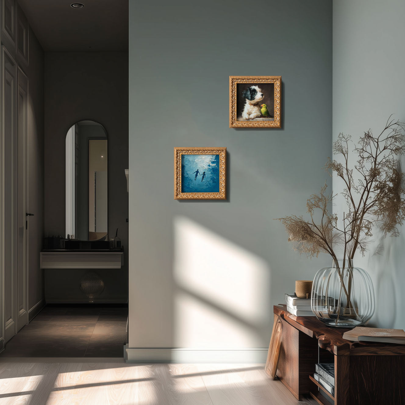 Original Hand Painted Figure, Mini Oil Painting, Romantic Couple Wall Art Decor, Small 5x5 Gold Framed, Valentine Gift, Swimming Couple