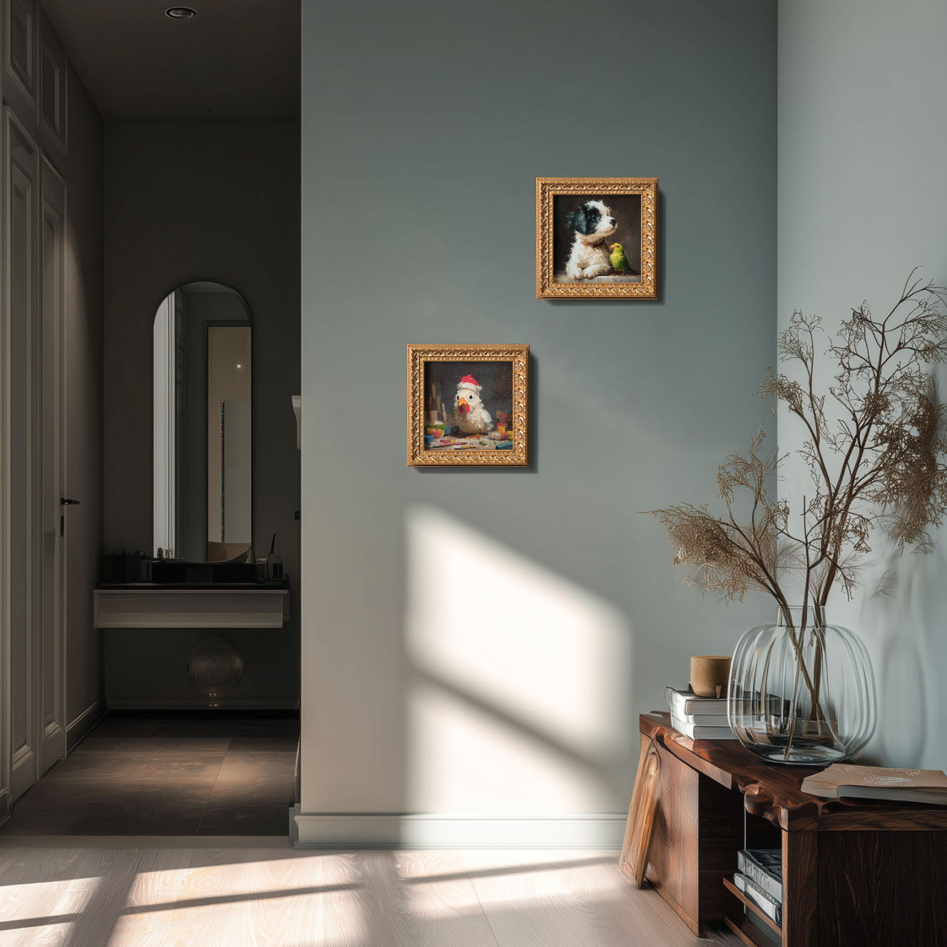 100% Hand Painted Santa Chicken Oil Painting, Original Art, Living Room Wall Art Decor, 5X5 Gold Framed Artwork, Christmas Gift for Friends