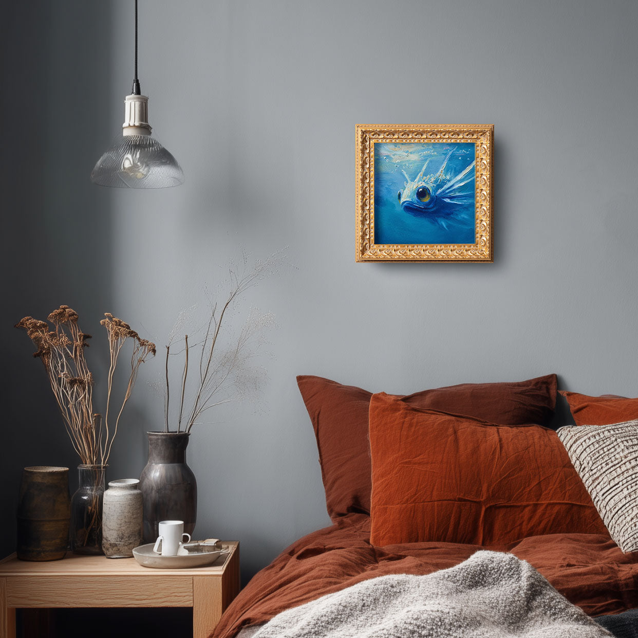 Original Blue Fish Oil Painting, Vibrant Underwater Wall Art, Hand Painted Ornate Gold Frame Home Decor, Stylish Living Room Decoration, Gift For Friends