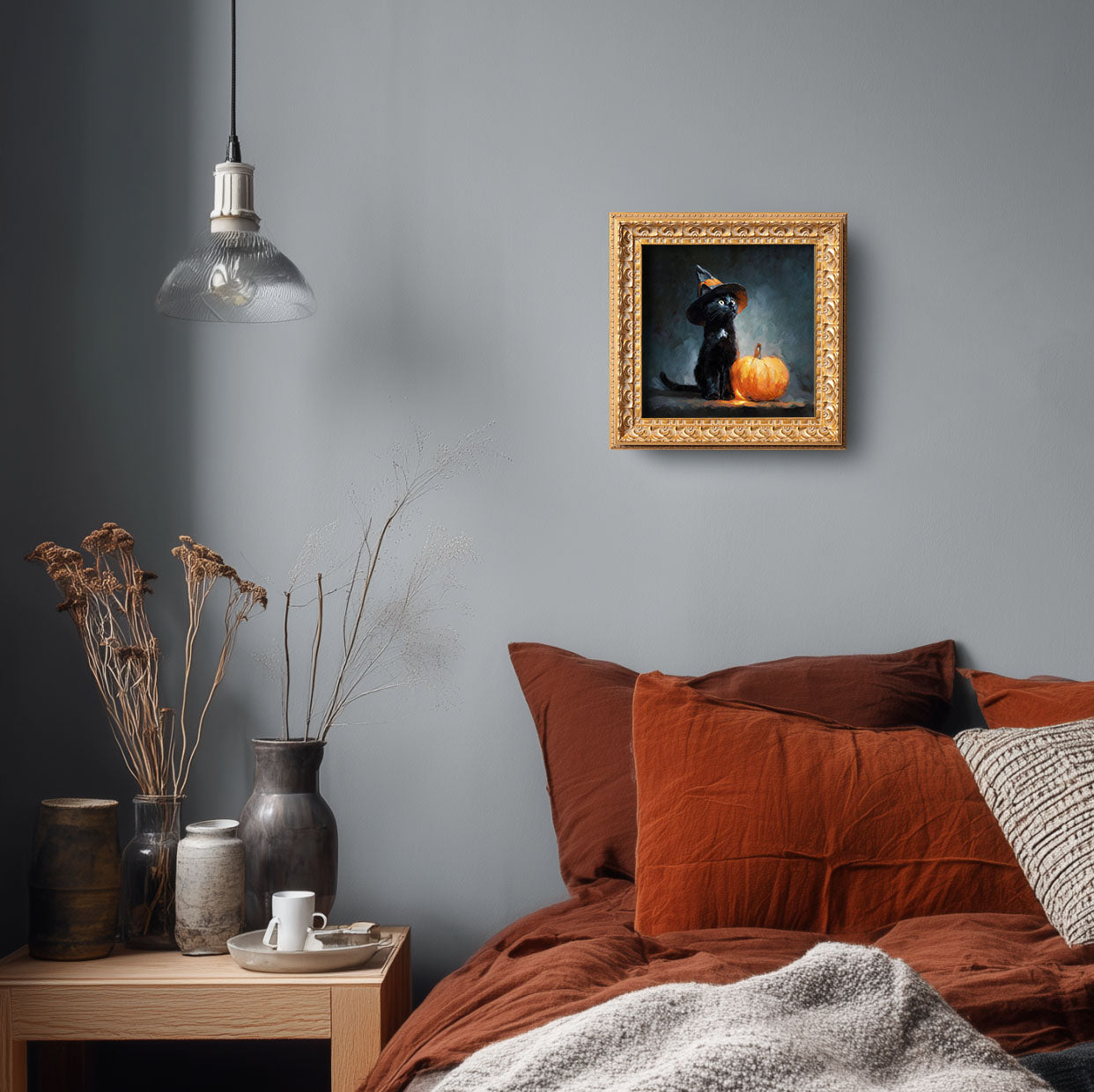 Original Halloween Black Cat Oil Painting, Spooky Seasonal Wall Art, Hand Painted Ornate Gold Frame Home Decor, Festive Living Room Decoration, Gift For Friends