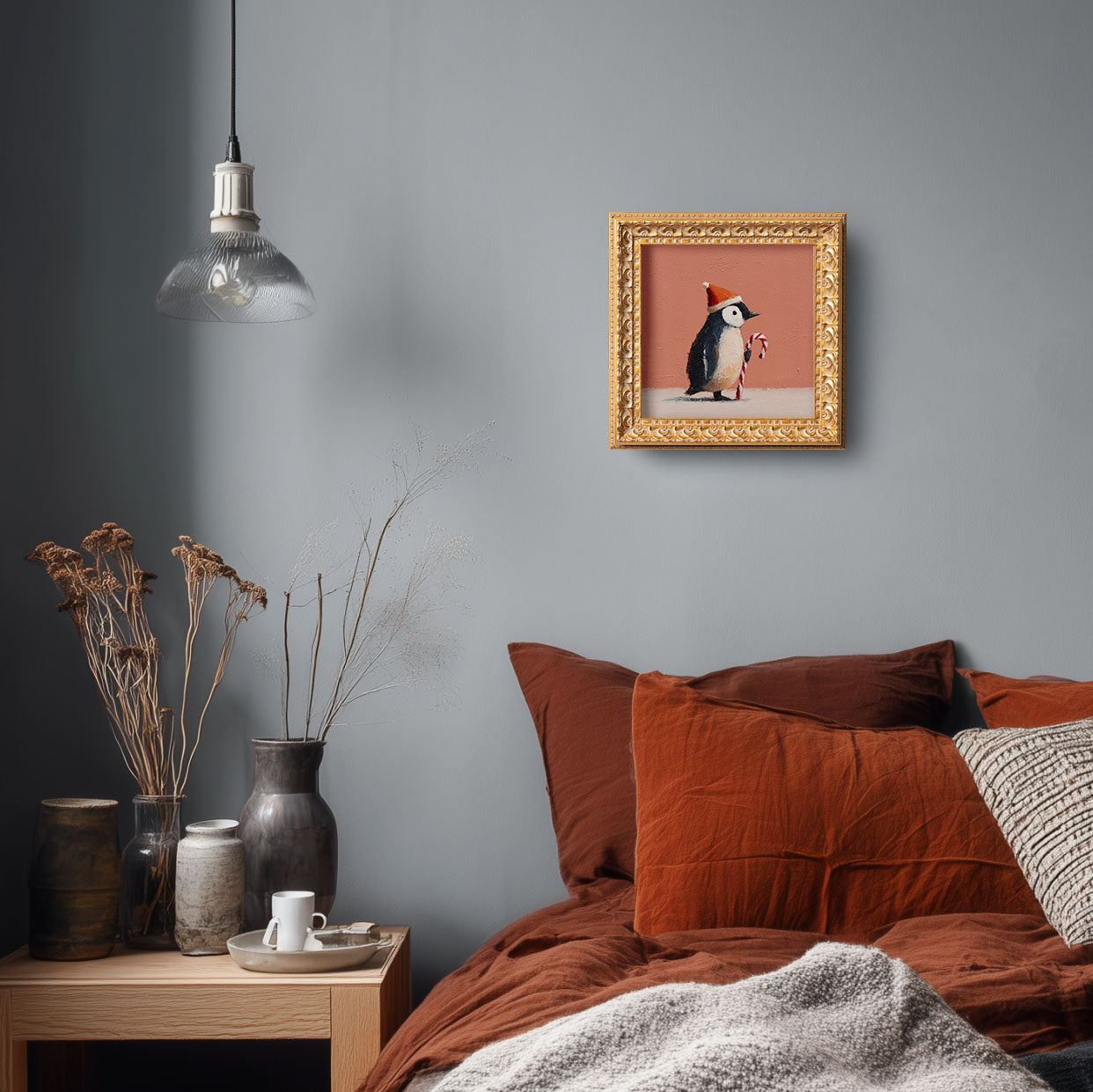 Christmas Penguin Mini Painting, Original Oil Art, Holiday Decor, Cute Penguin with Candy Cane, Small Framed Christmas Art