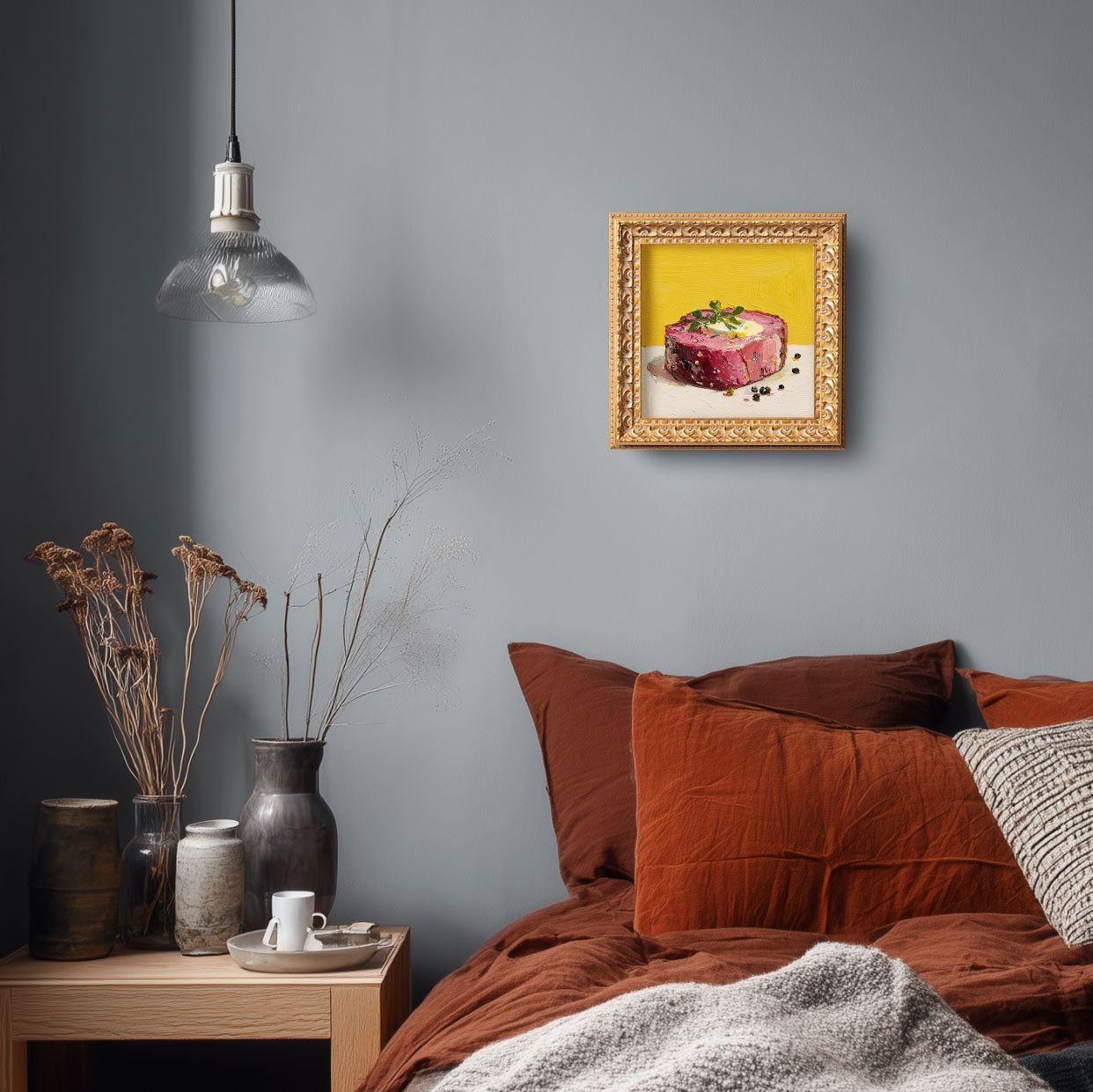 Still life Butter Steak Oil Painting, Original Hand Painted Beef, Small Kitchen Wall Art Decor, Christmas Gift for Friend,Vintage Gold Frame