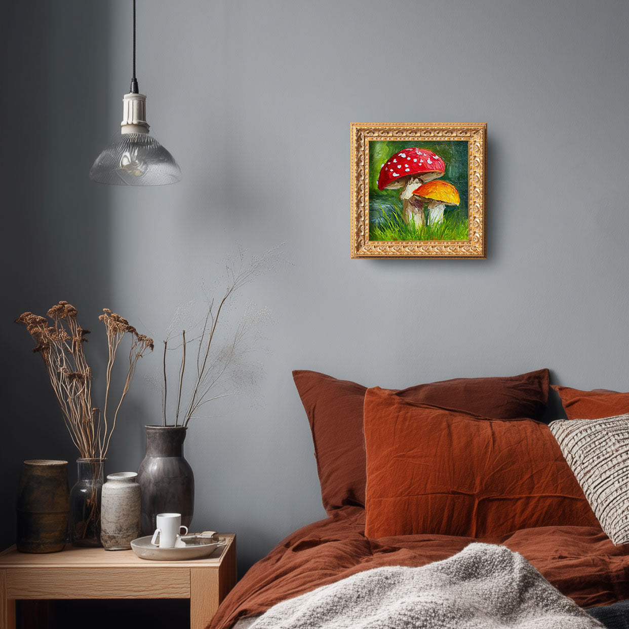 Original Red Mushroom Oil Painting, Whimsical Forest Wall Art, Hand Painted Ornate Gold Frame Home Decor, Quirky Living Room Decoration, Gift For Friends
