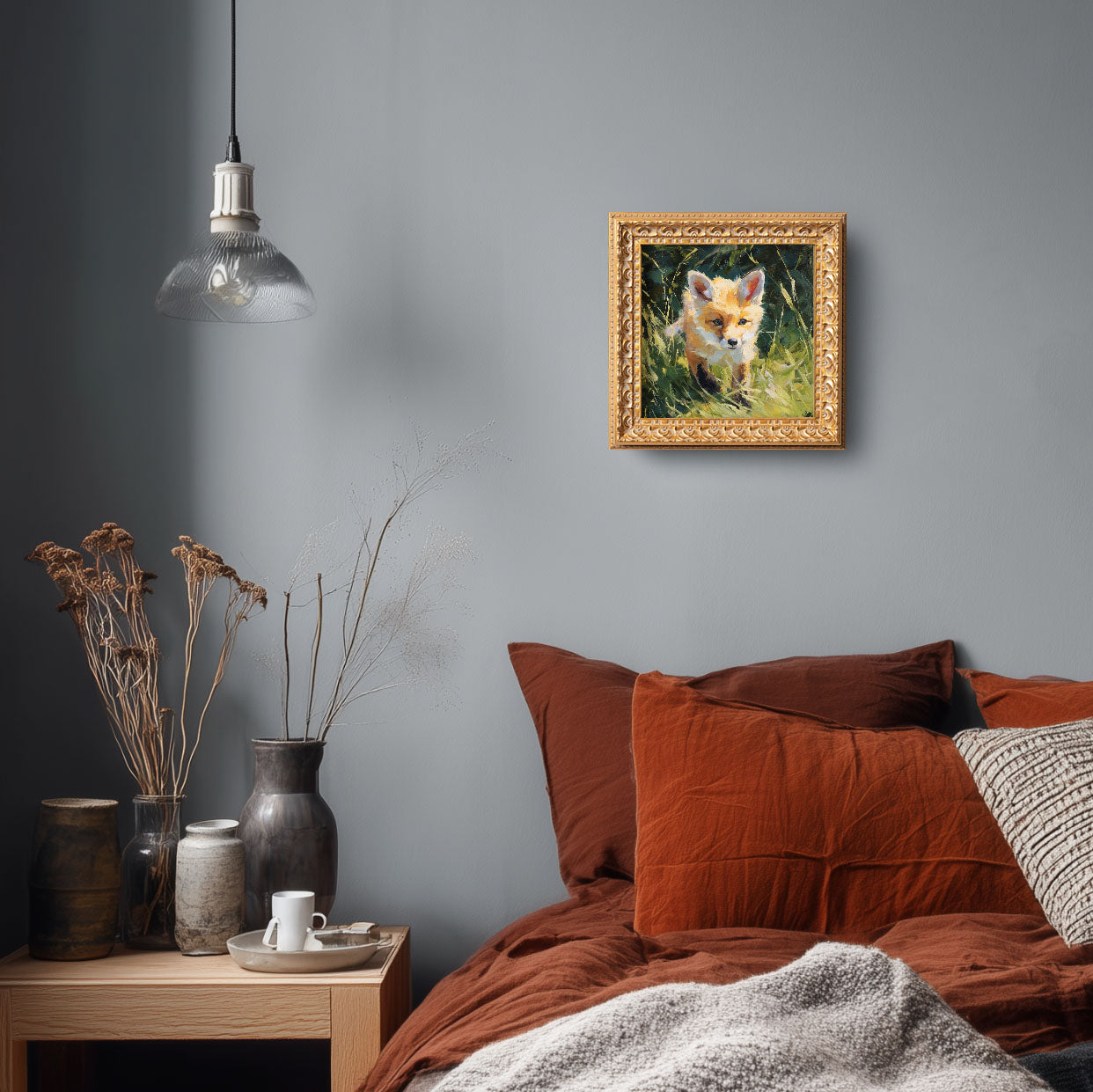 Hand Panted Fox Oil Painting, Original Art, Living Room Wall Art Decor, 5X5 Gold Framed Artwork, Still life Wildlife, Gift for friends