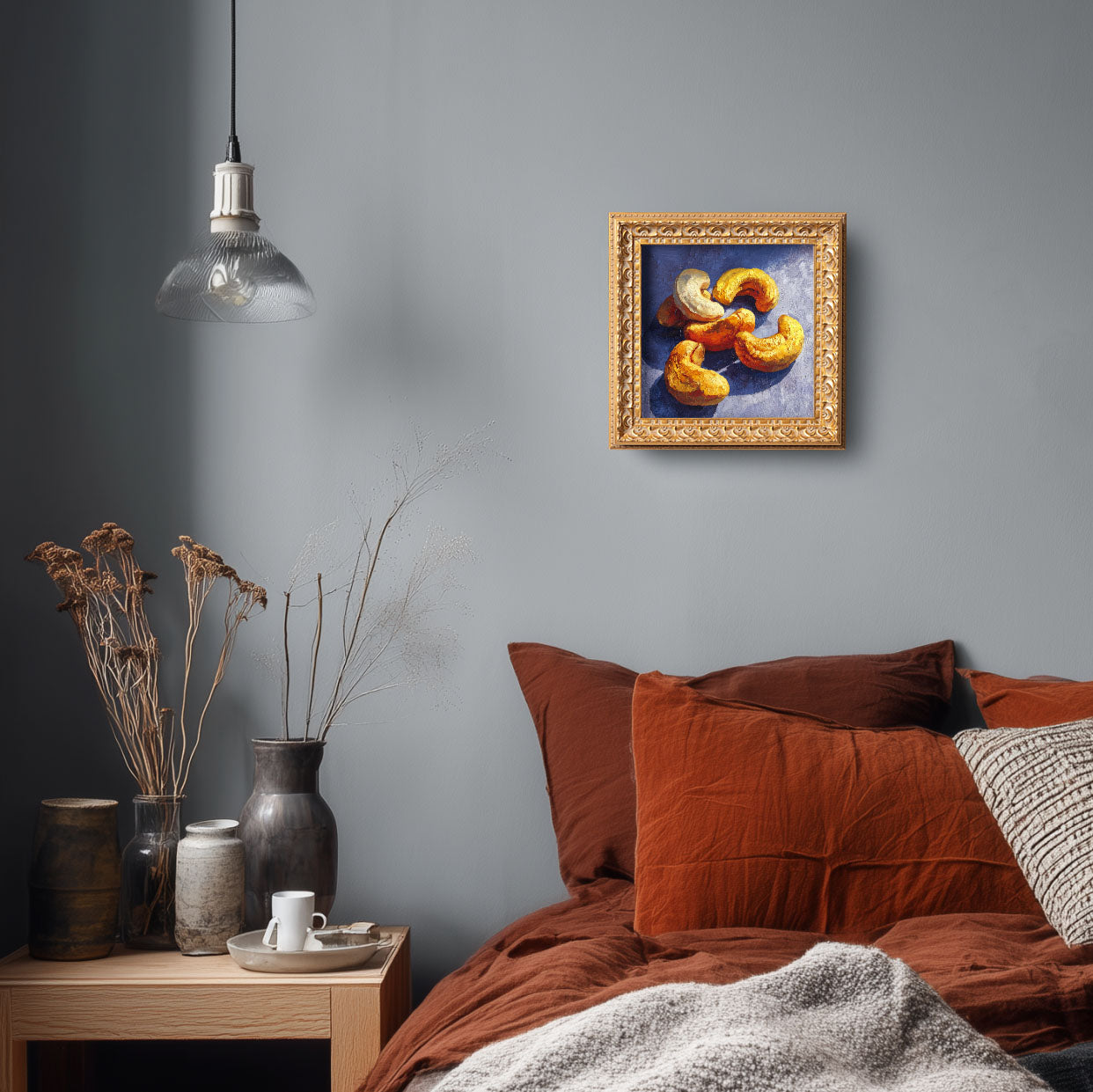 Still life Cashews Oil Painting, Small Original Hand Painted Art, Dining Room Wall Art Decor, Gift for Friends, 5X5 Gold Framed Artwork