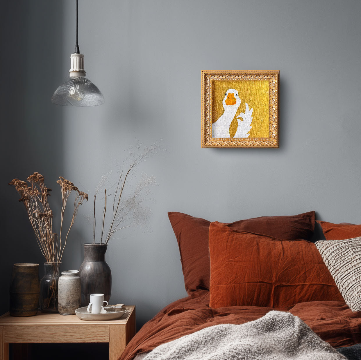 Small Original Hand Panted, Okay Goose Oil Painting, Living Room Wall Art Decor, 5X5 Gold Framed Artwork, Christmas Gift for Friends