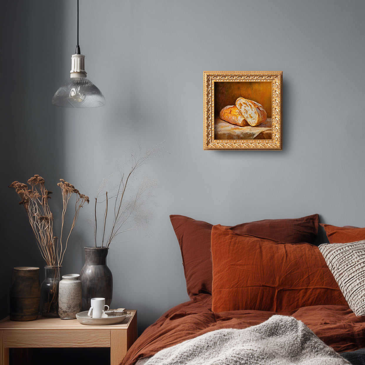 Original Baguette Oil Painting, Rustic Kitchen Wall Art, Hand Painted Ornate Gold Frame Home Decor, Warm Dining Room Decoration, Gift For Friends