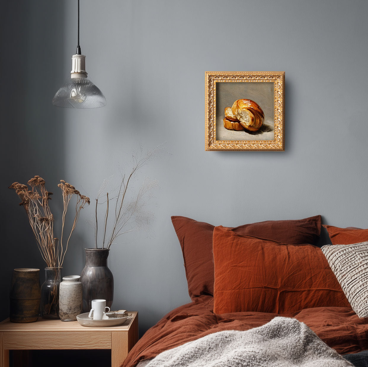 Original Croissant Oil Painting, Elegant Kitchen Wall Art, Hand Painted Ornate Gold Frame Home Decor, Stylish Dining Room Decoration, Gift For Friends