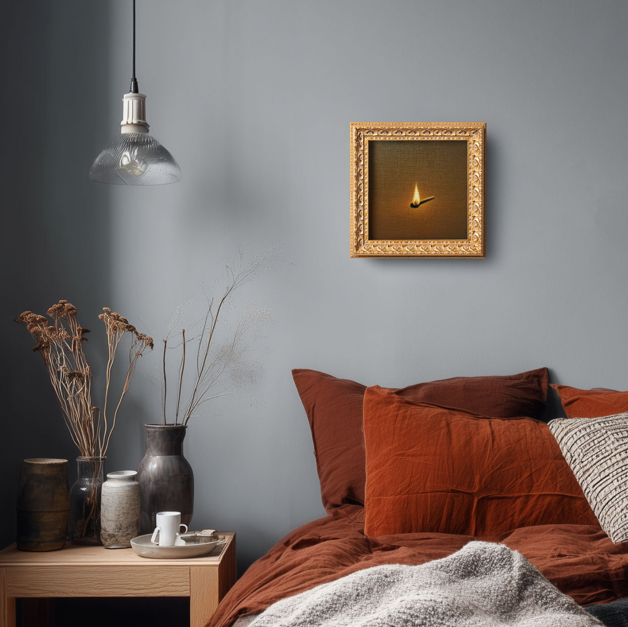 Small Original Lit Match Oil Painting, 5X5 Hand Painted Artwork, Vintage Wall Art, Minimalist Home Decor, Christmas Gift For Friends