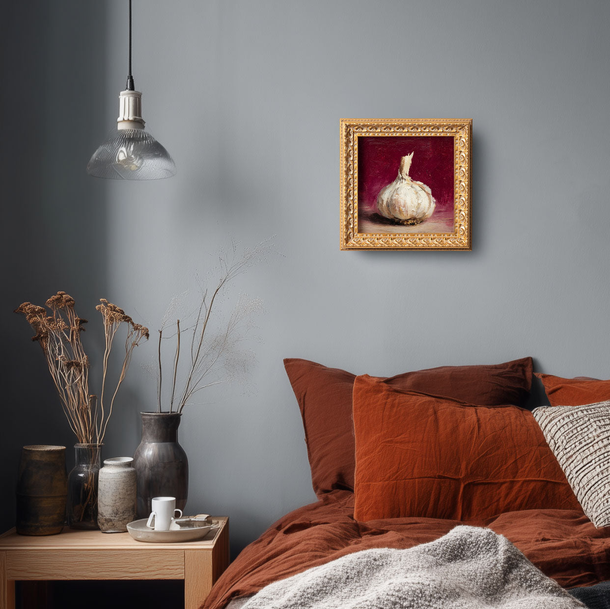 Original Garlic Oil Painting, Hand Painted Food Artwork, Still Life, Small Kitchen Wall Art Decor, Christmas Gift for Friends, Gold Frame