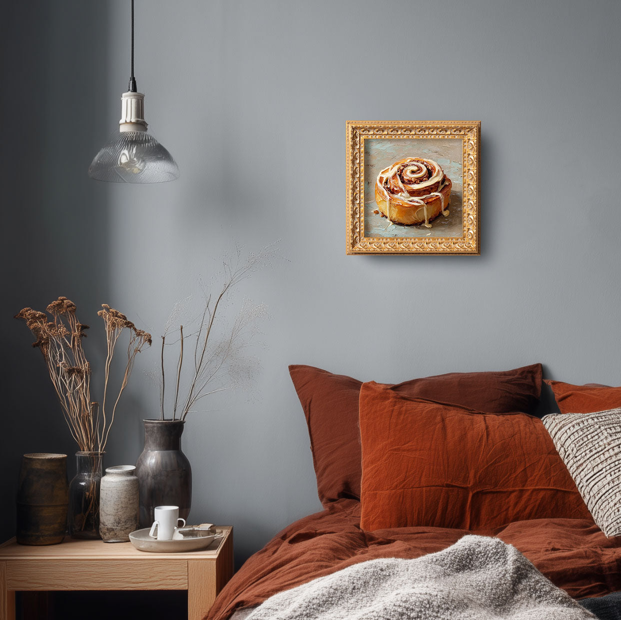 Original Cinnamon Roll Oil Painting, Warm Kitchen Wall Art, Hand Painted Ornate Gold Frame Home Decor, Charming Dining Room Decoration, Gift For Friends