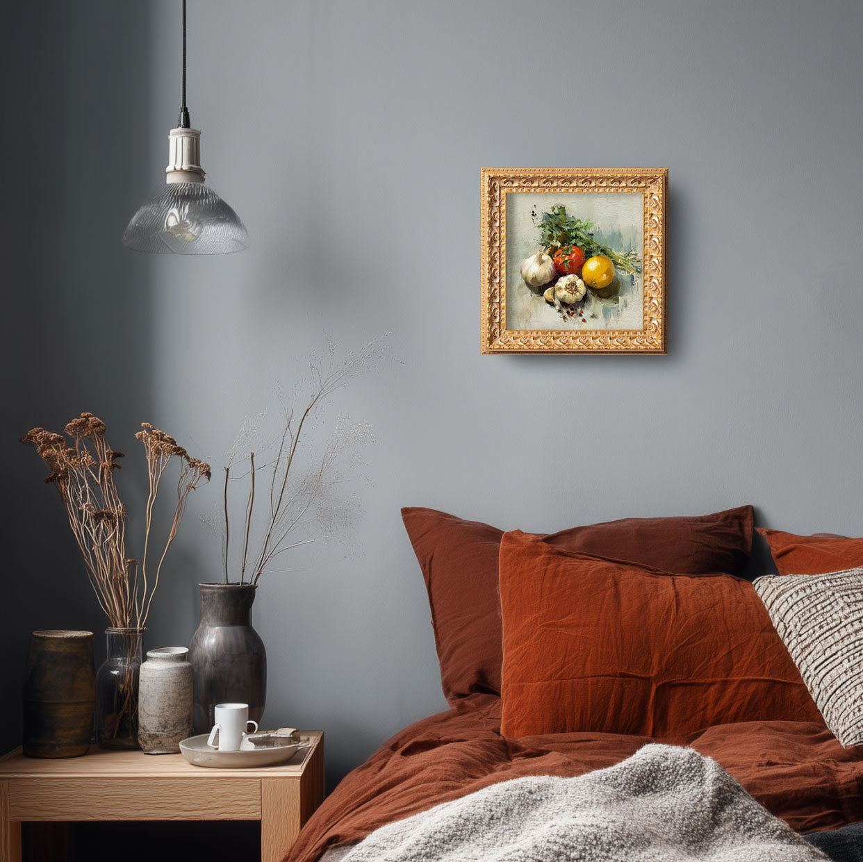 Original Vegetable Still Life Oil Painting, Rustic Kitchen Wall Art, Hand Painted Ornate Gold Frame Home Decor, Warm Dining Room Decoration, Gift For Friends