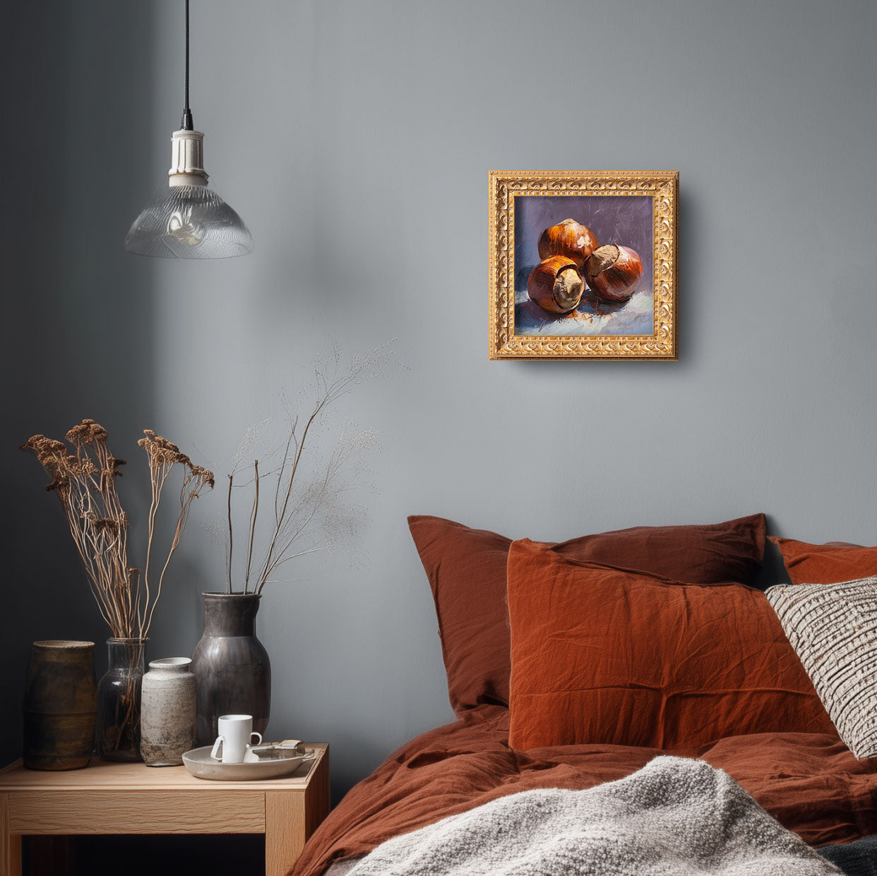 Roasted Chestnuts Still Life, Original Oil Painting, Food Art, Impasto Autumn Wall Decor, Small Framed Artwork