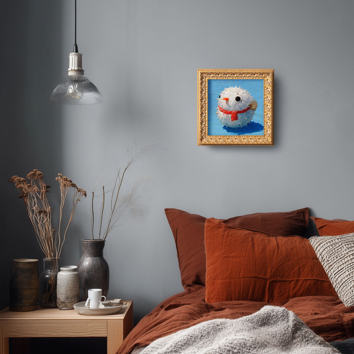 Small Pufferfish Oil Painting, Original Hand Painted Artwork, Holiday Wall Art Decor, 5X5 Gold Framed Art, Christmas Gift for Friends